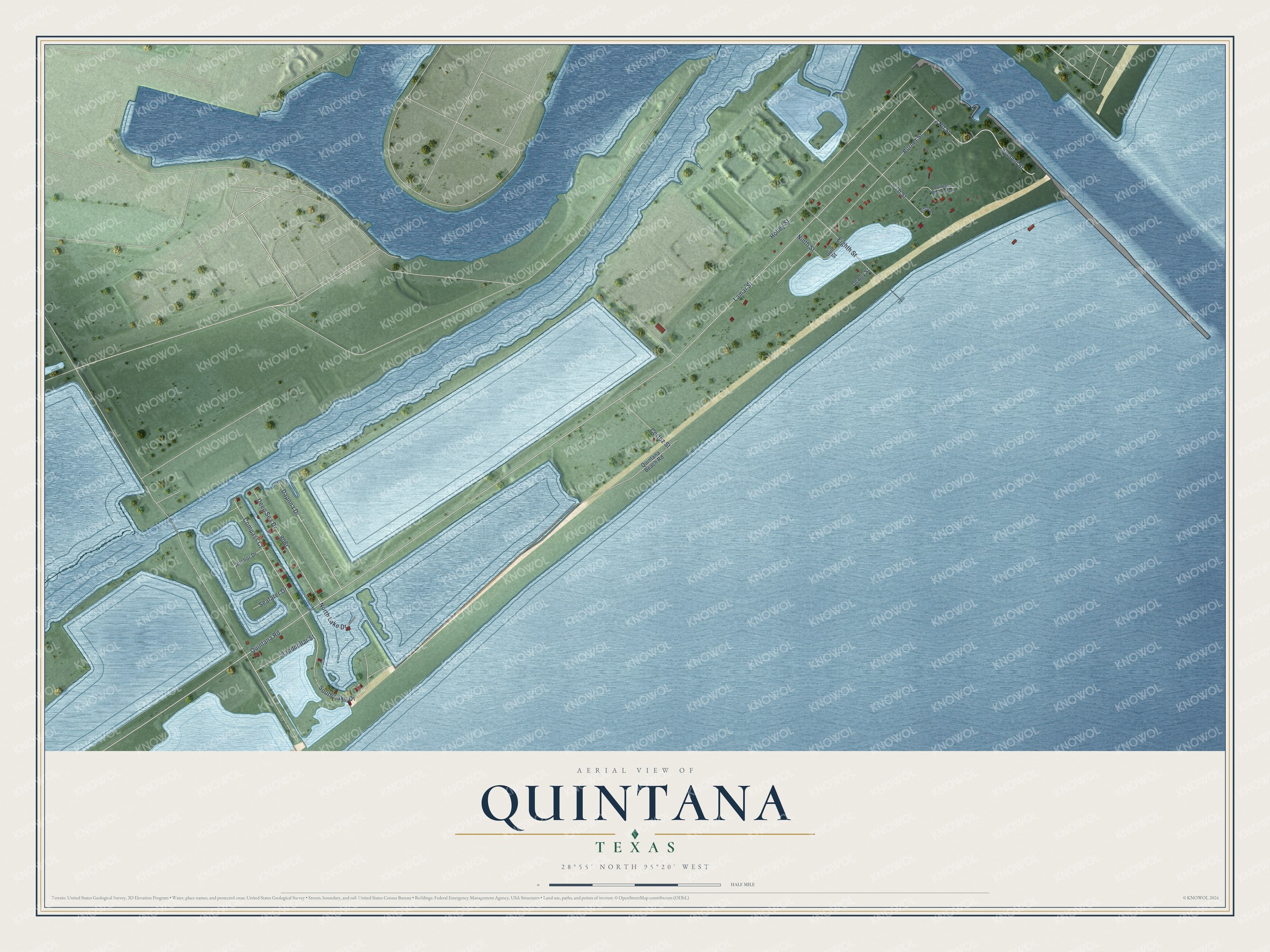 Full map of Quintana, Texas, with red buildings, printed street names and the land around them