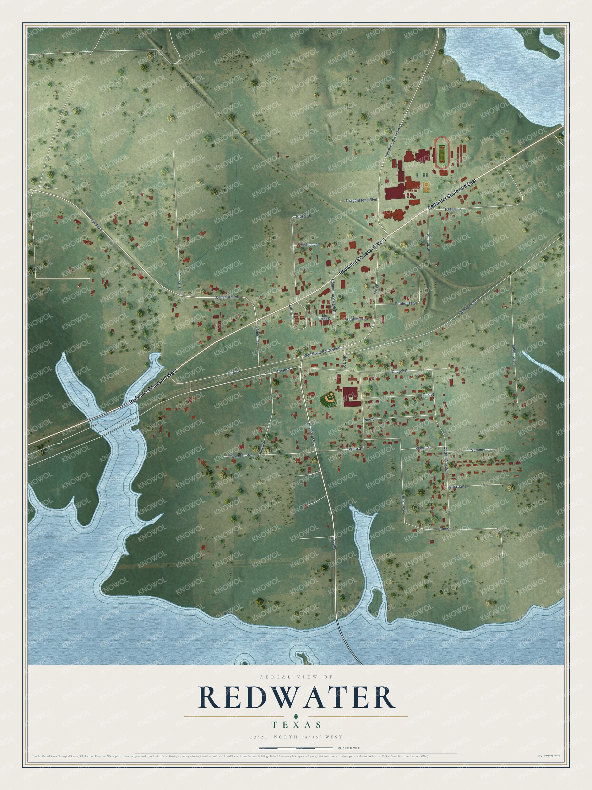 Full map of Redwater, Texas, with red buildings, printed street names and the land around them
