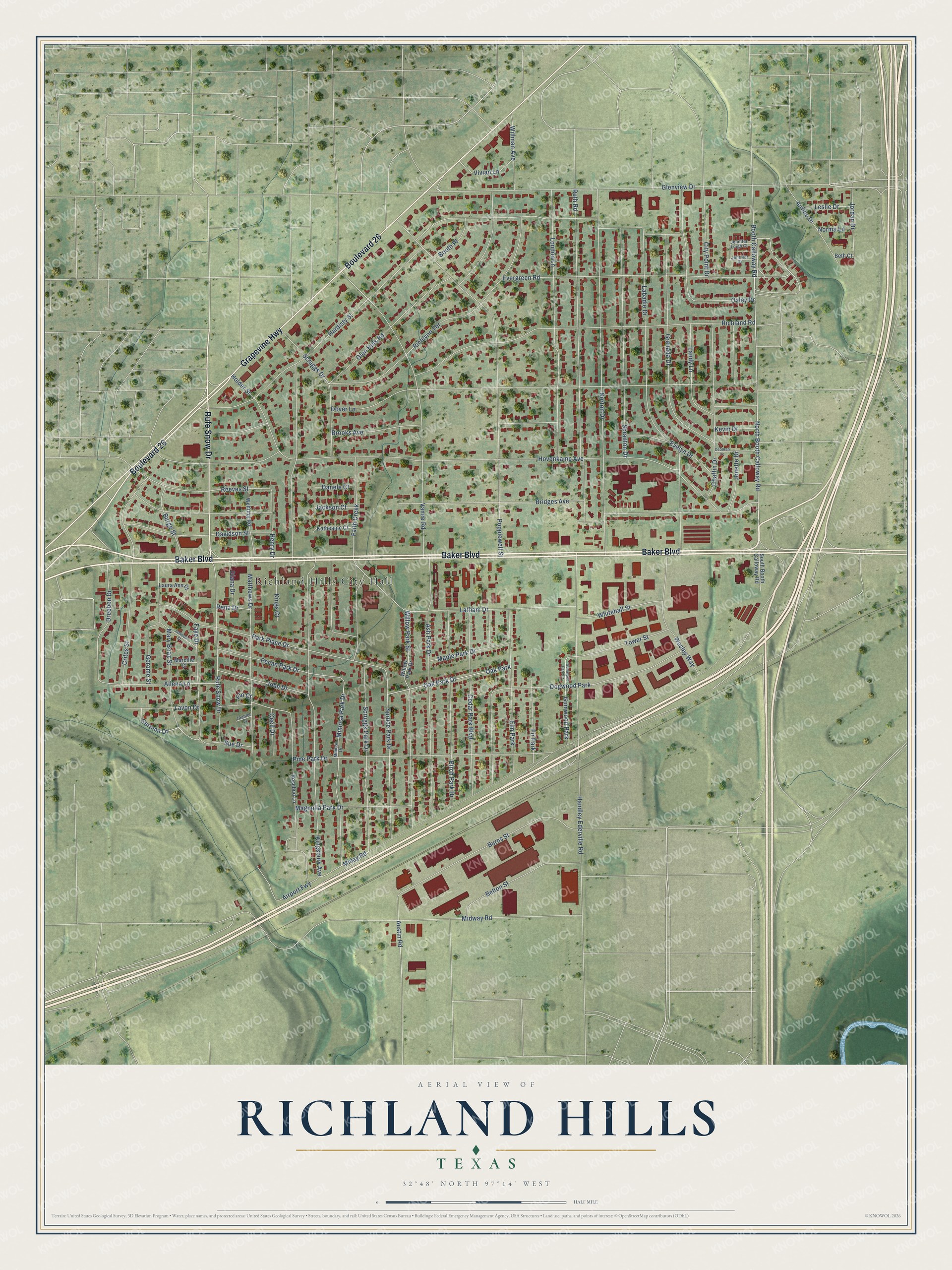 Full map of Richland Hills, Texas, with red buildings, printed street names and the land around them
