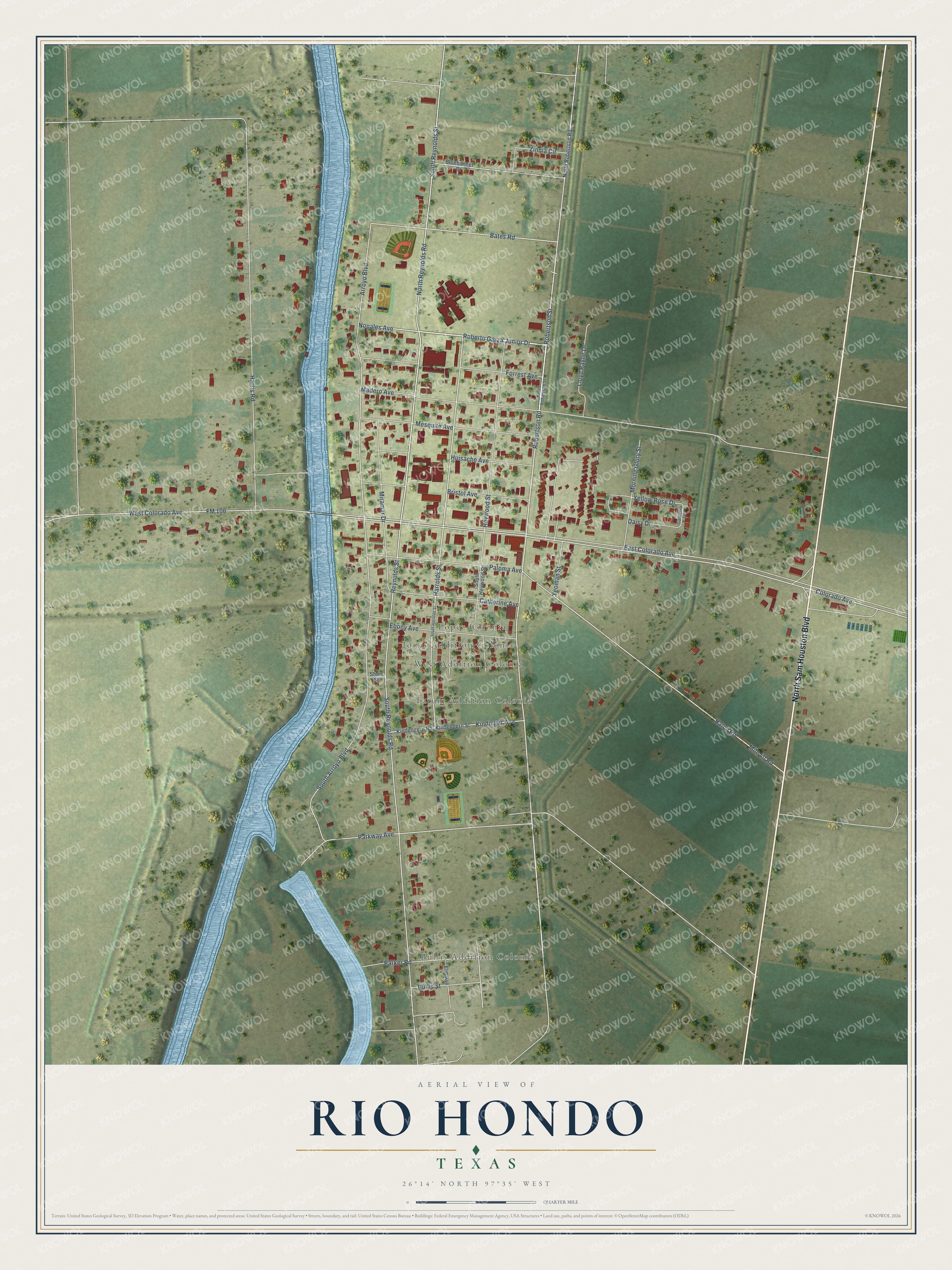 Full map of Rio Hondo, Texas, with red buildings, printed street names and the land around them