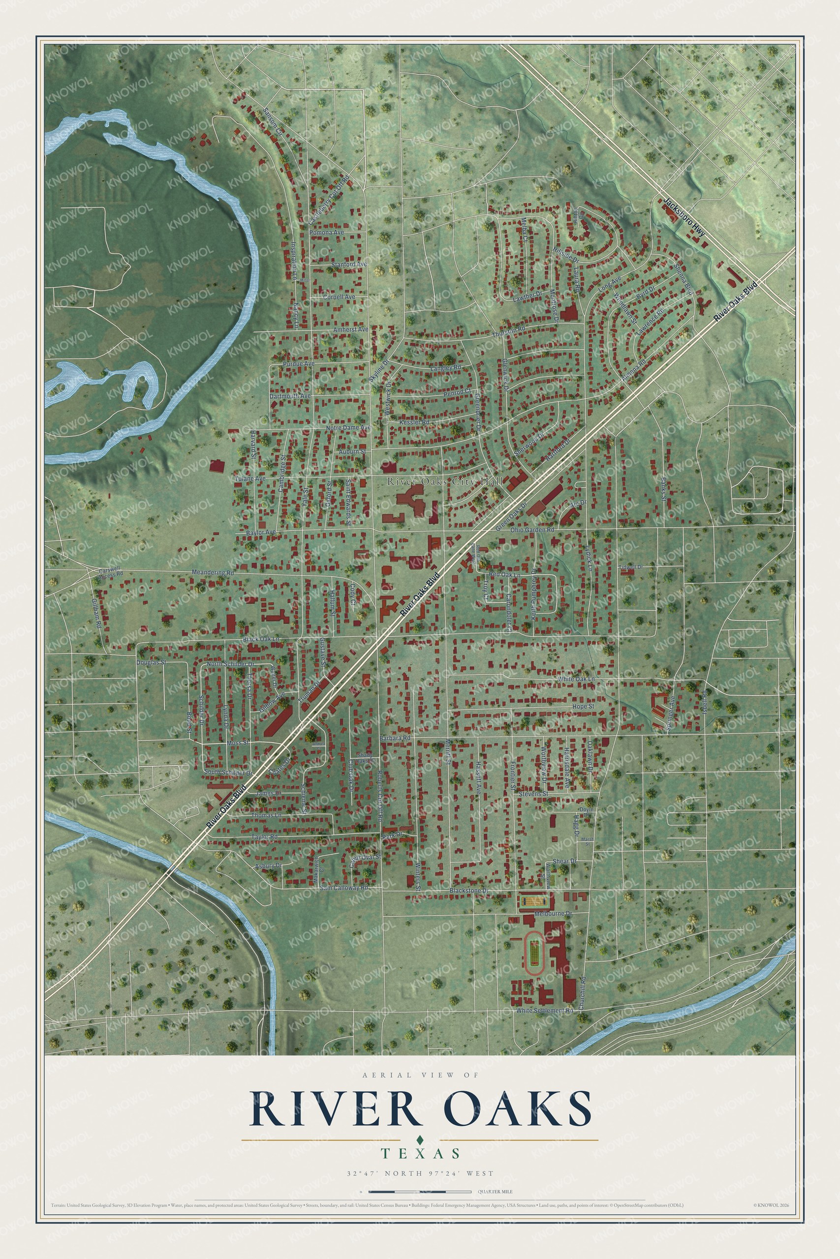 Full map of River Oaks, Texas, with red buildings, printed street names and the land around them