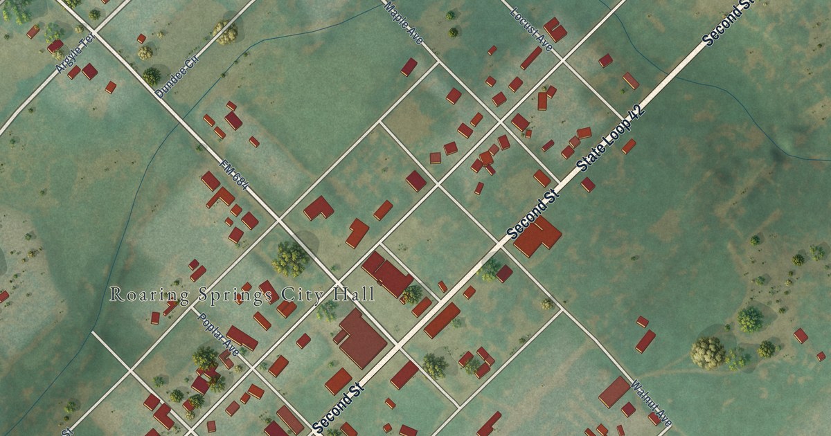 Map of Roaring Springs, Texas in 2026