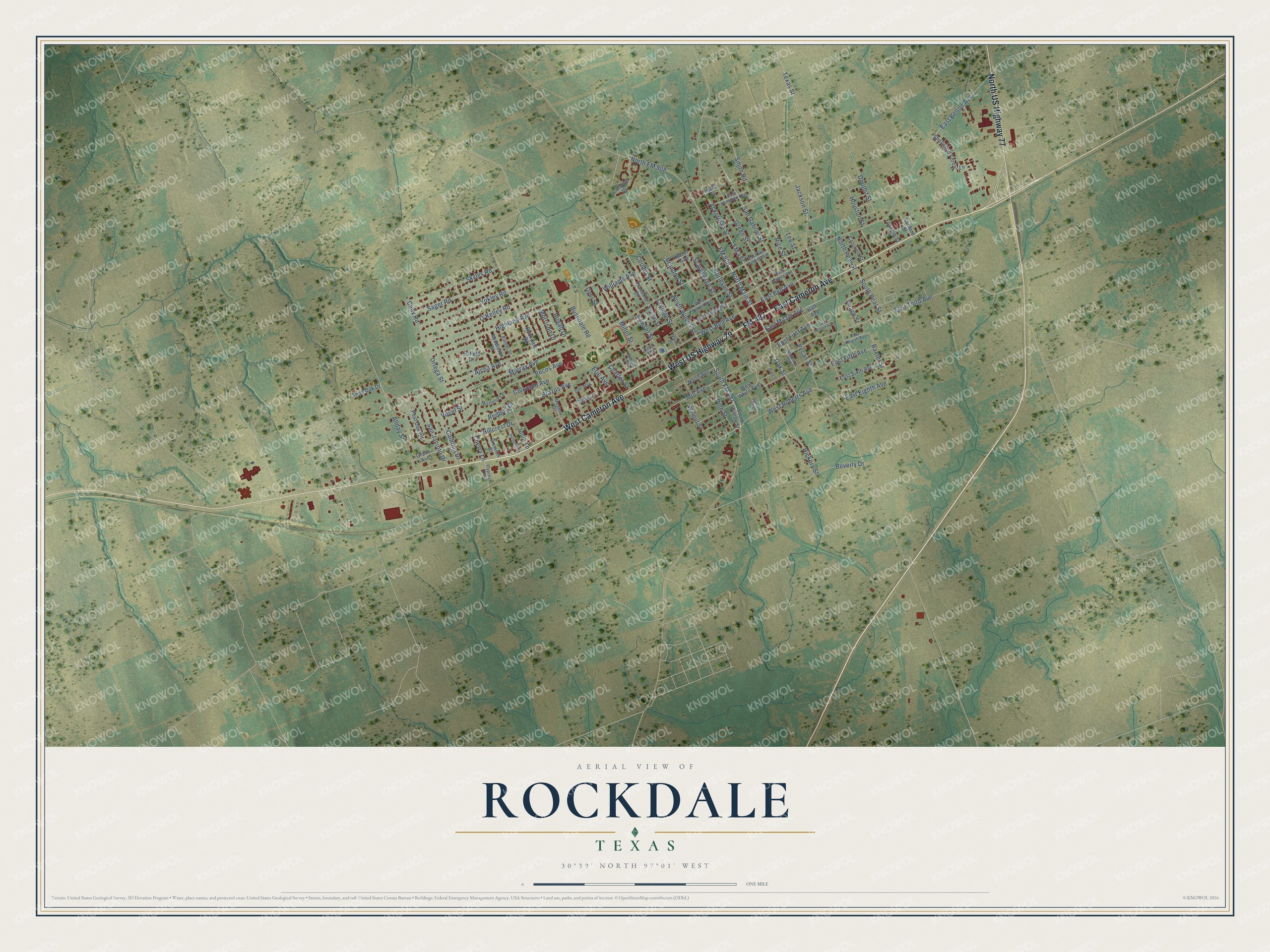Full map of Rockdale, Texas, with red buildings, printed street names and the land around them