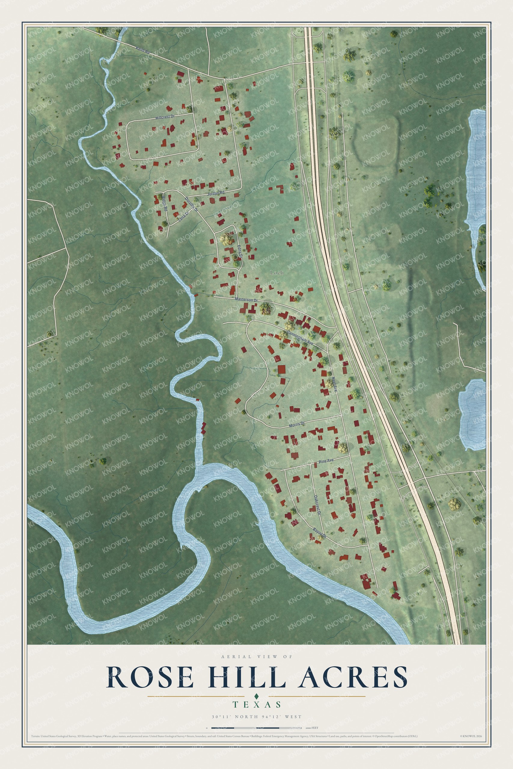 Full map of Rose Hill Acres, Texas, with red buildings, printed street names and the land around them