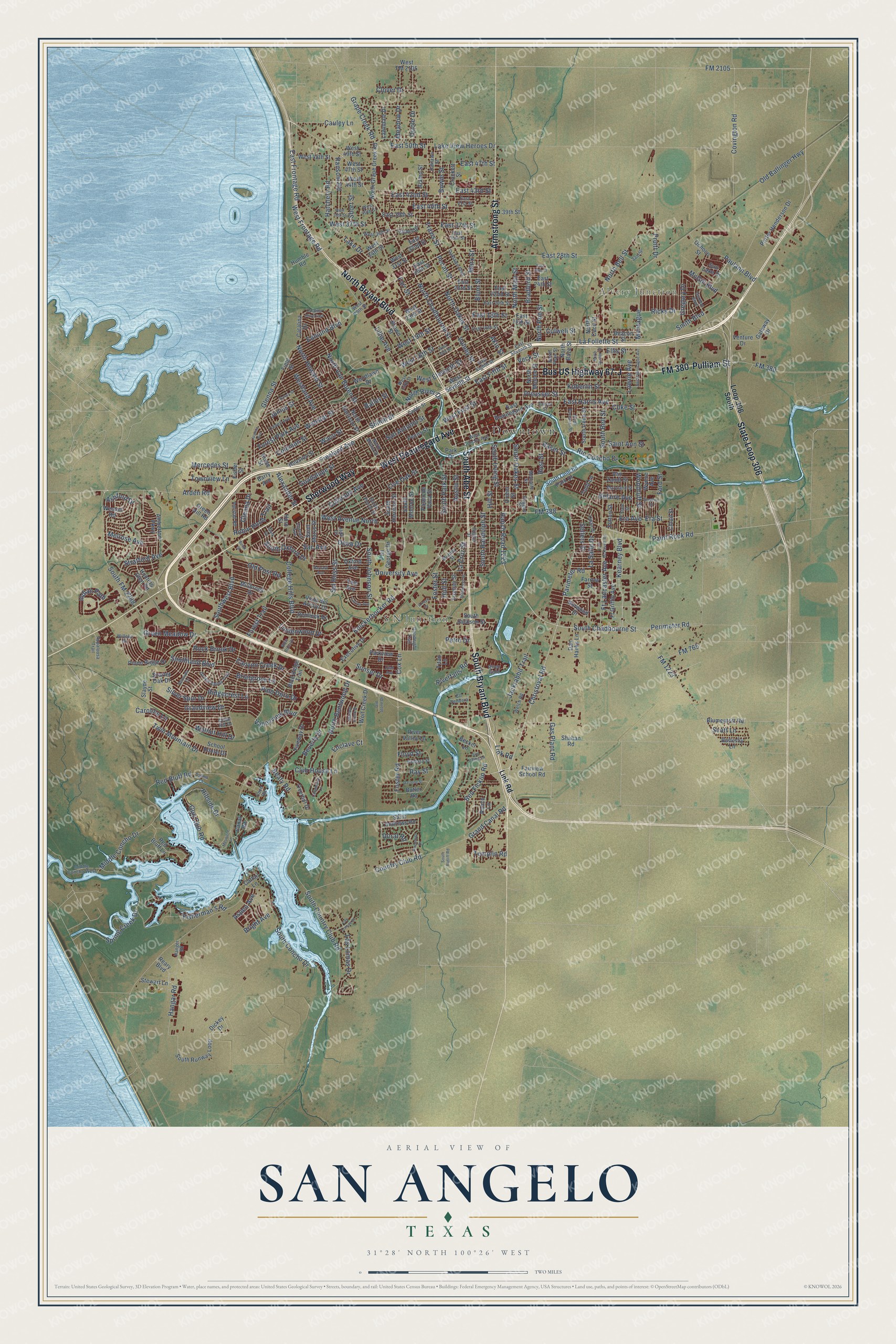 Full map of San Angelo, Texas, with red buildings, printed street names and the land around them