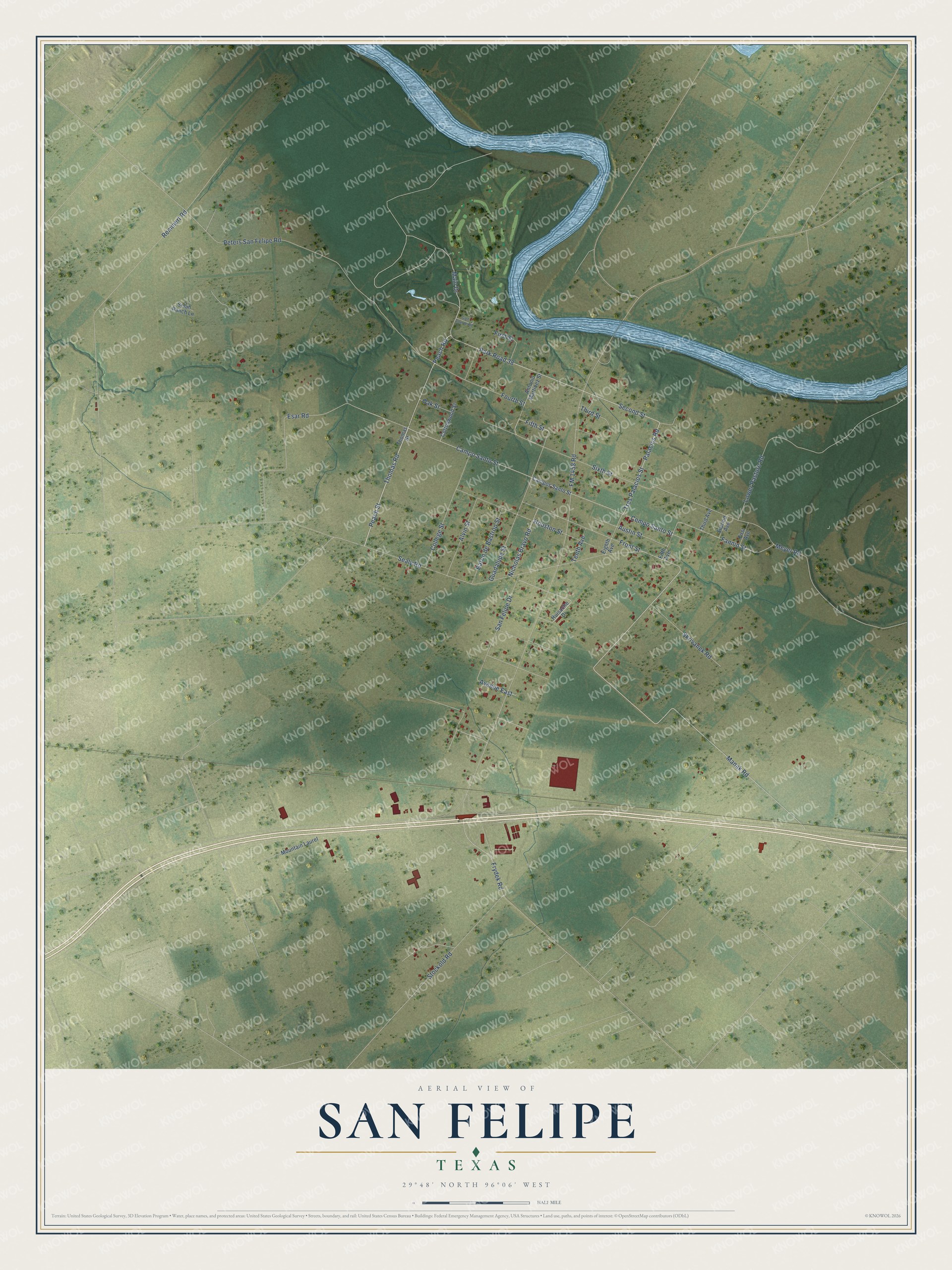 Full map of San Felipe, Texas, with red buildings, printed street names and the land around them