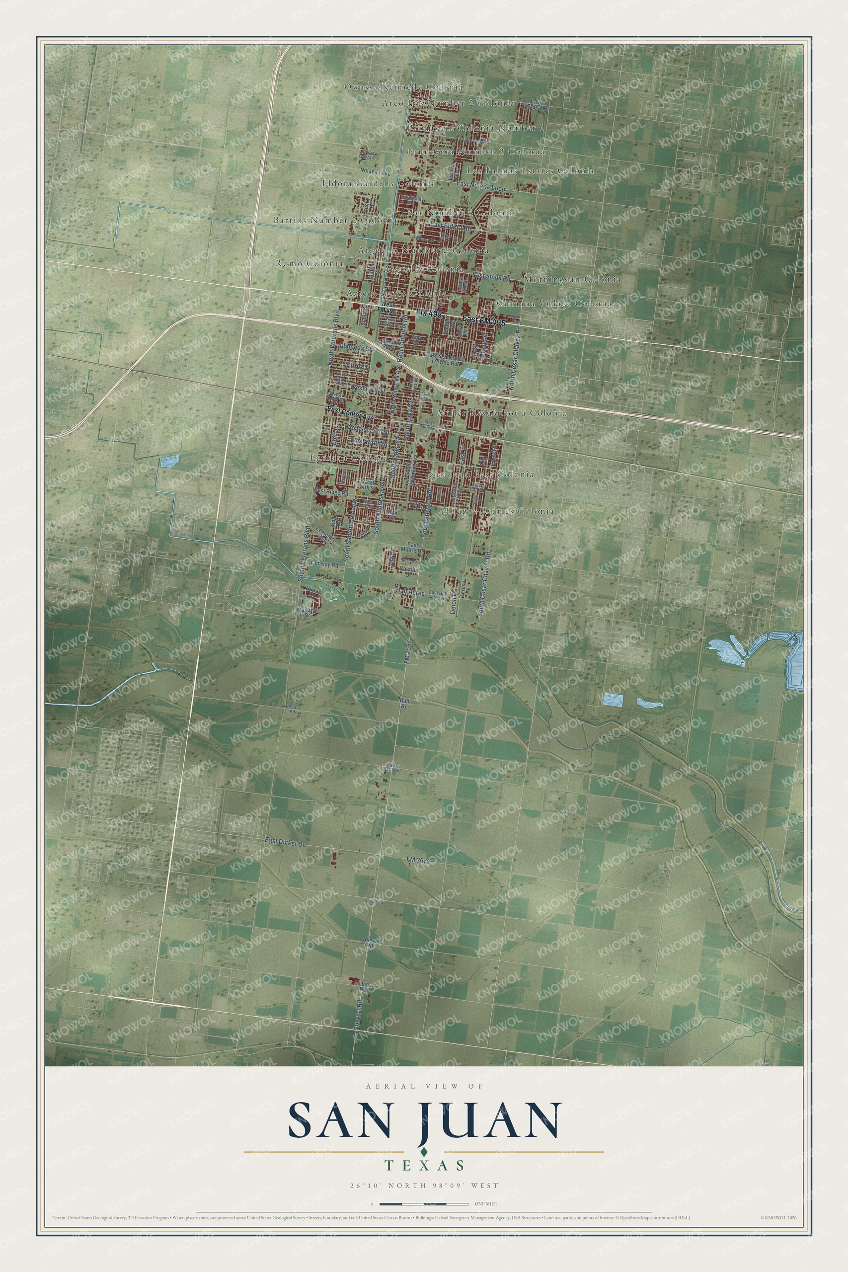 Full map of San Juan, Texas, with red buildings, printed street names and the land around them