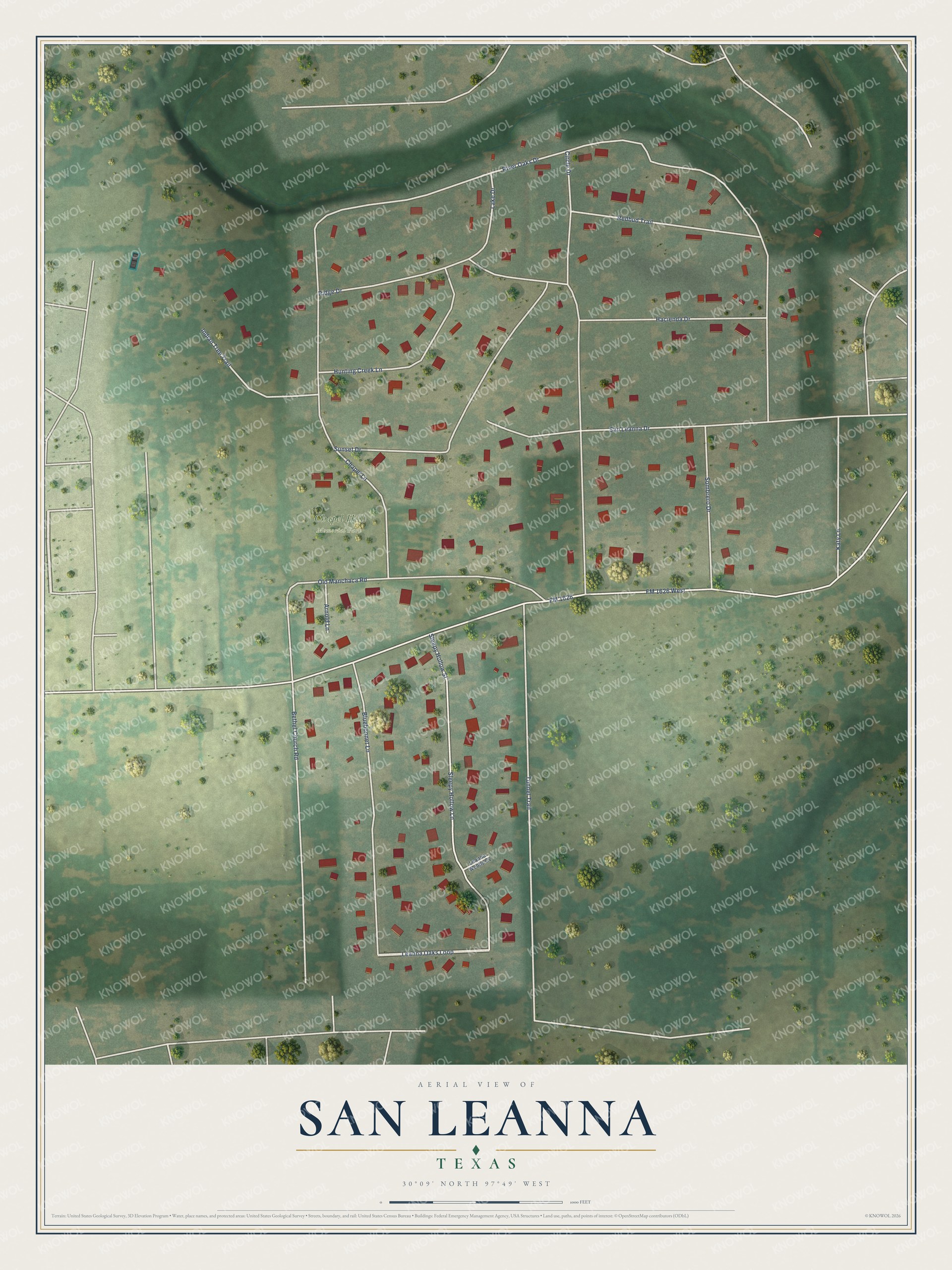 Full map of San Leanna, Texas, with red buildings, printed street names and the land around them