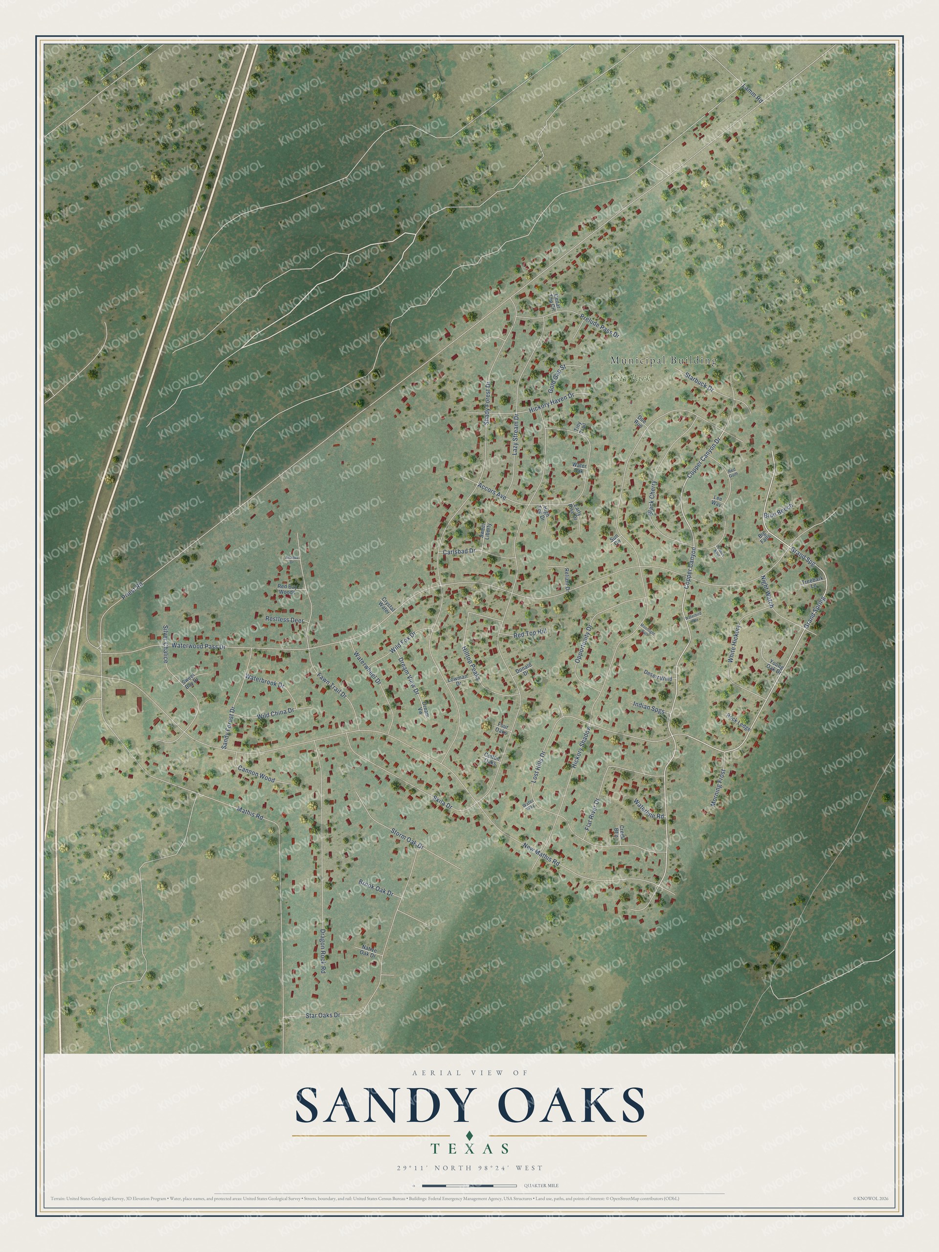 Watermarked full-map preview of Sandy Oaks, Texas
