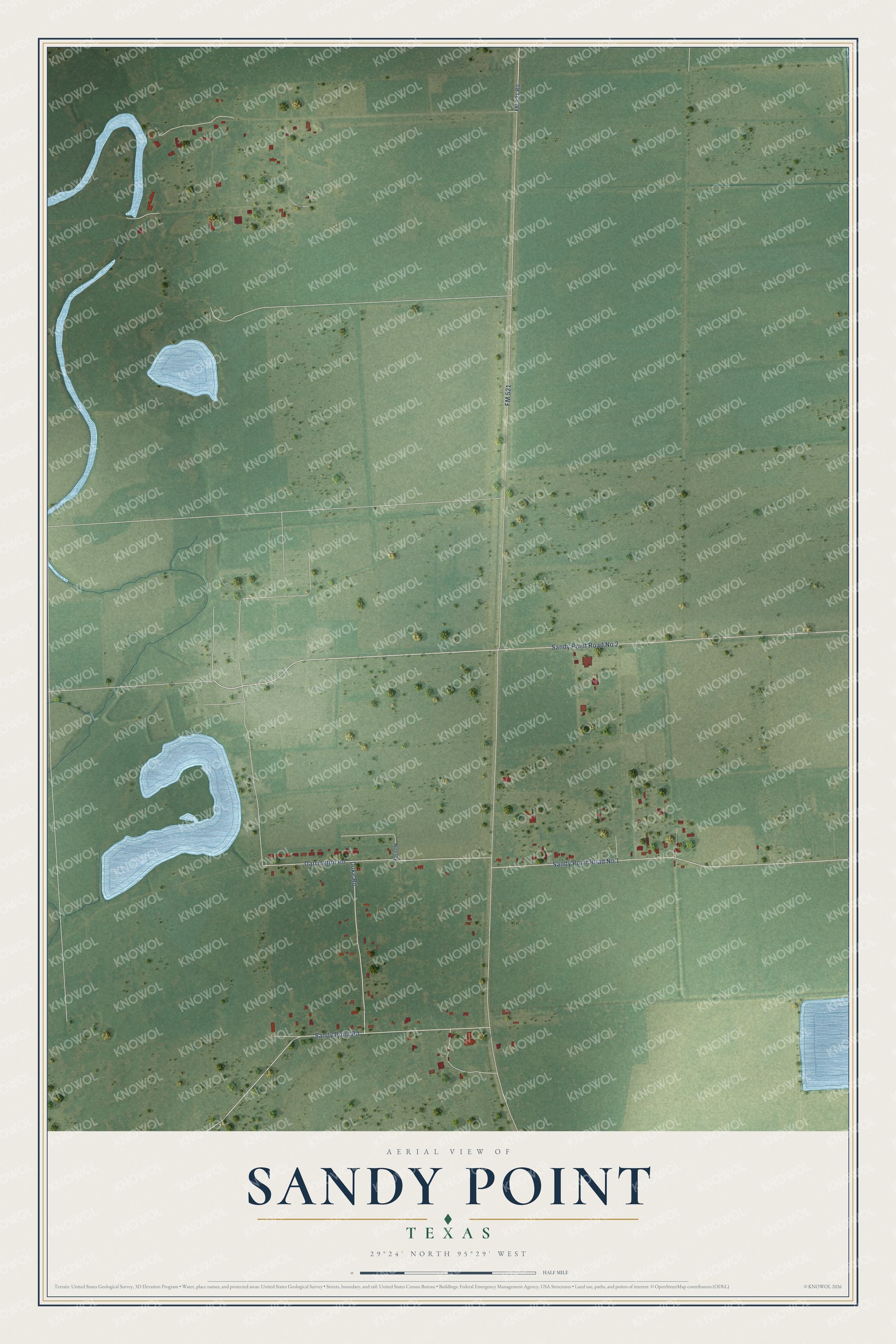Full map of Sandy Point, Texas, with red buildings, printed street names and the land around them