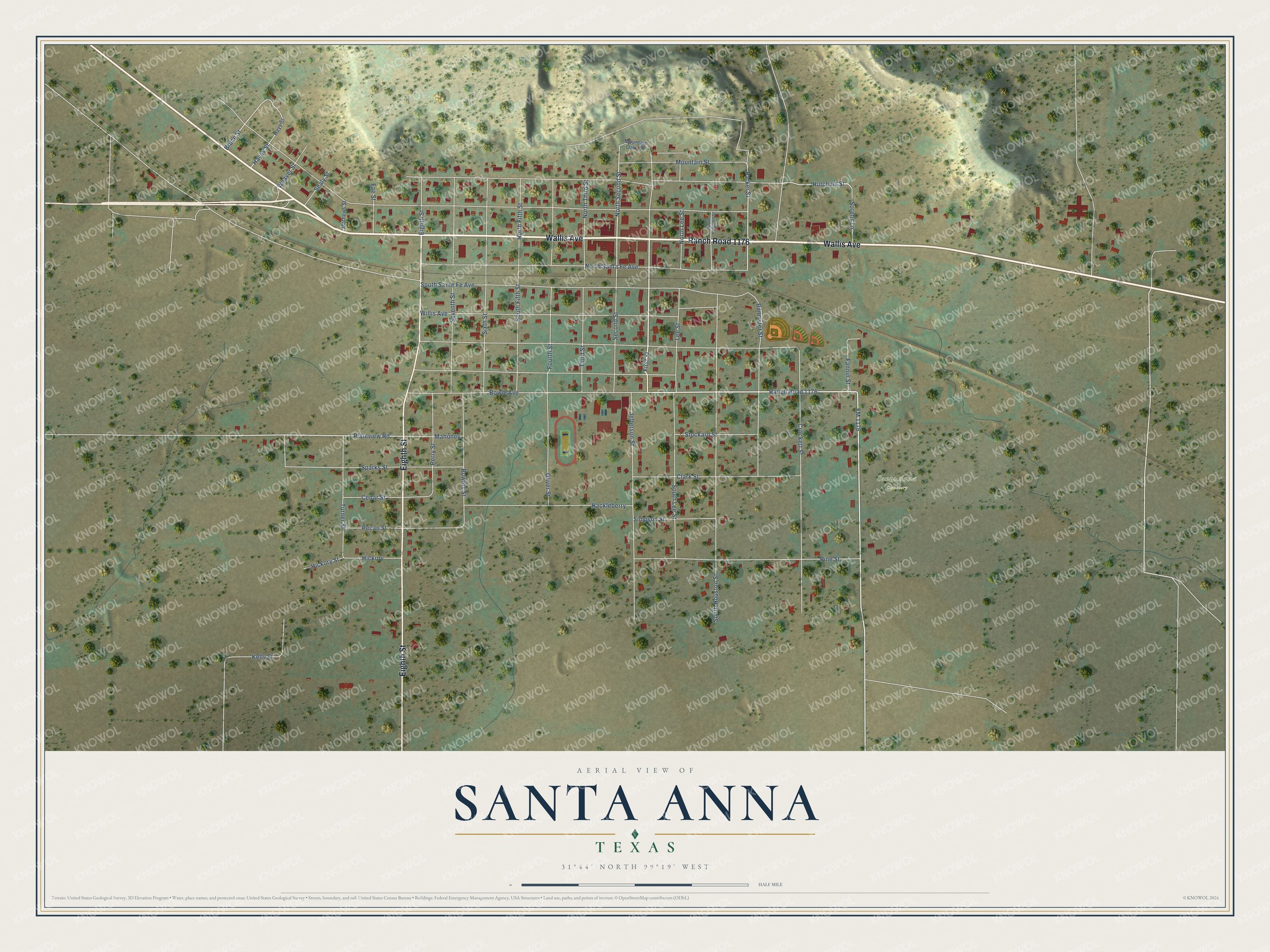Full map of Santa Anna, Texas, with red buildings, printed street names and the land around them