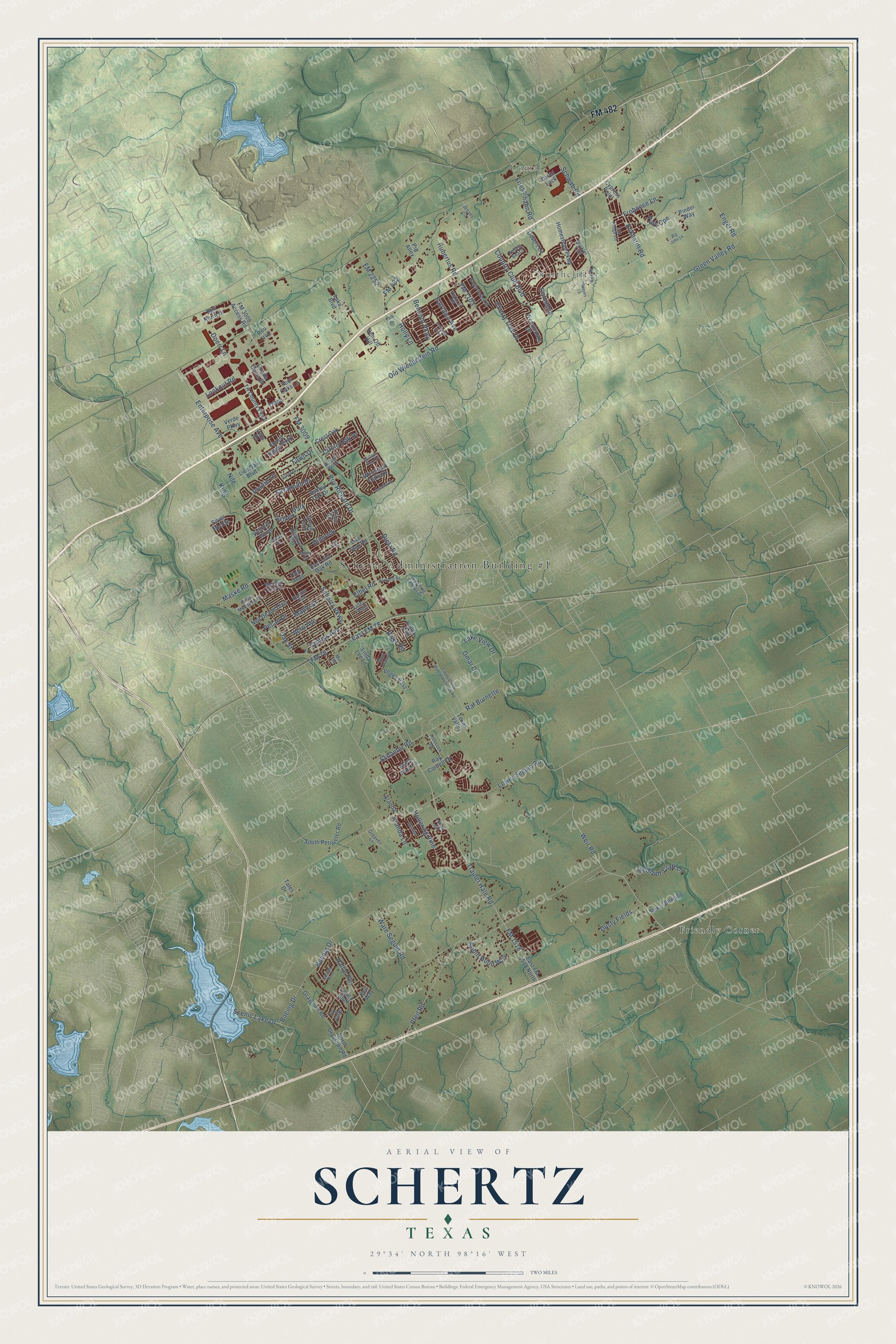 Full map of Schertz, Texas, with red buildings, printed street names and the land around them