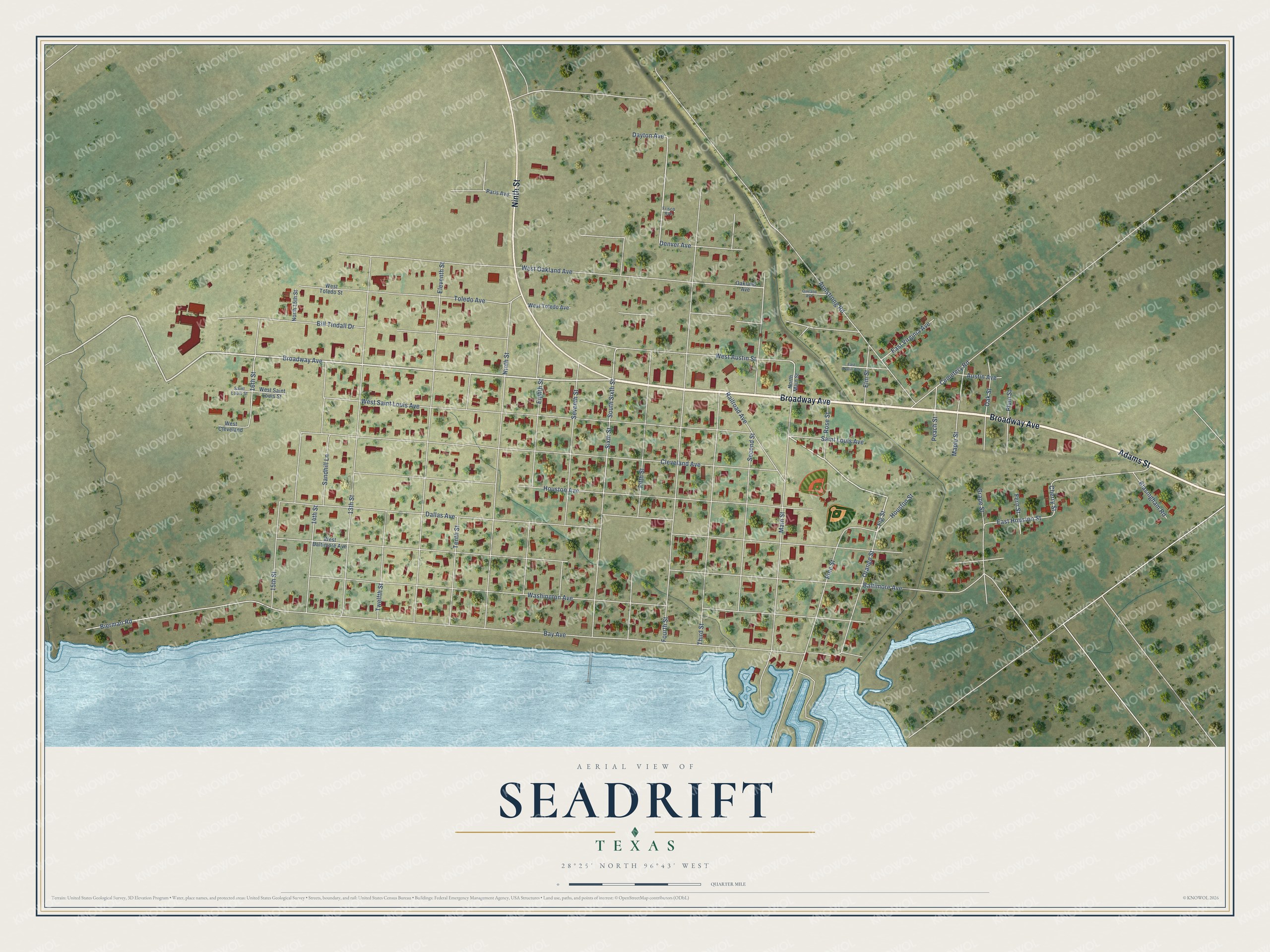 Full map of Seadrift, Texas, with red buildings, printed street names and the land around them