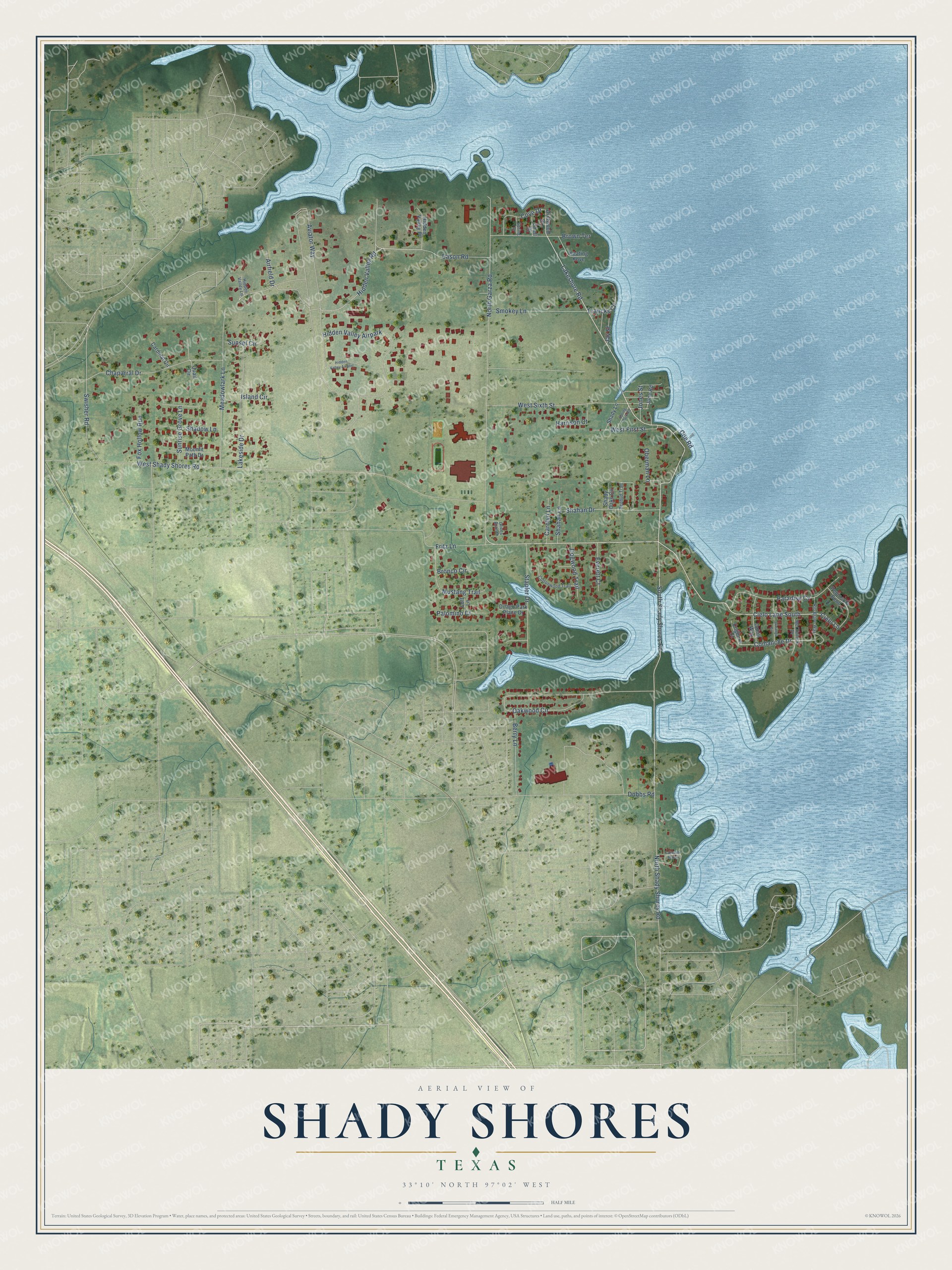 Full map of Shady Shores, Texas, with red buildings, printed street names and the land around them