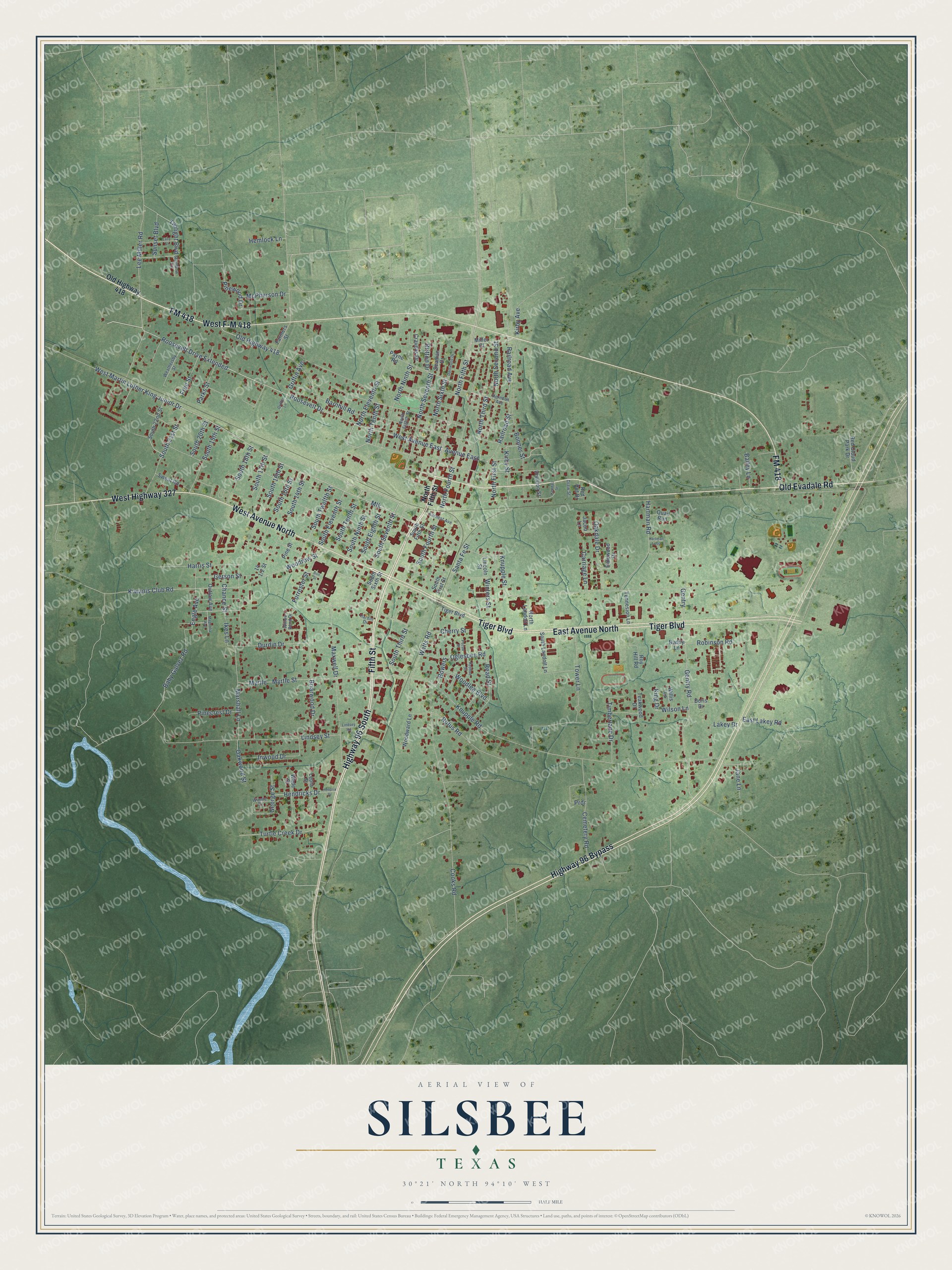 Full map of Silsbee, Texas, with red buildings, printed street names and the land around them