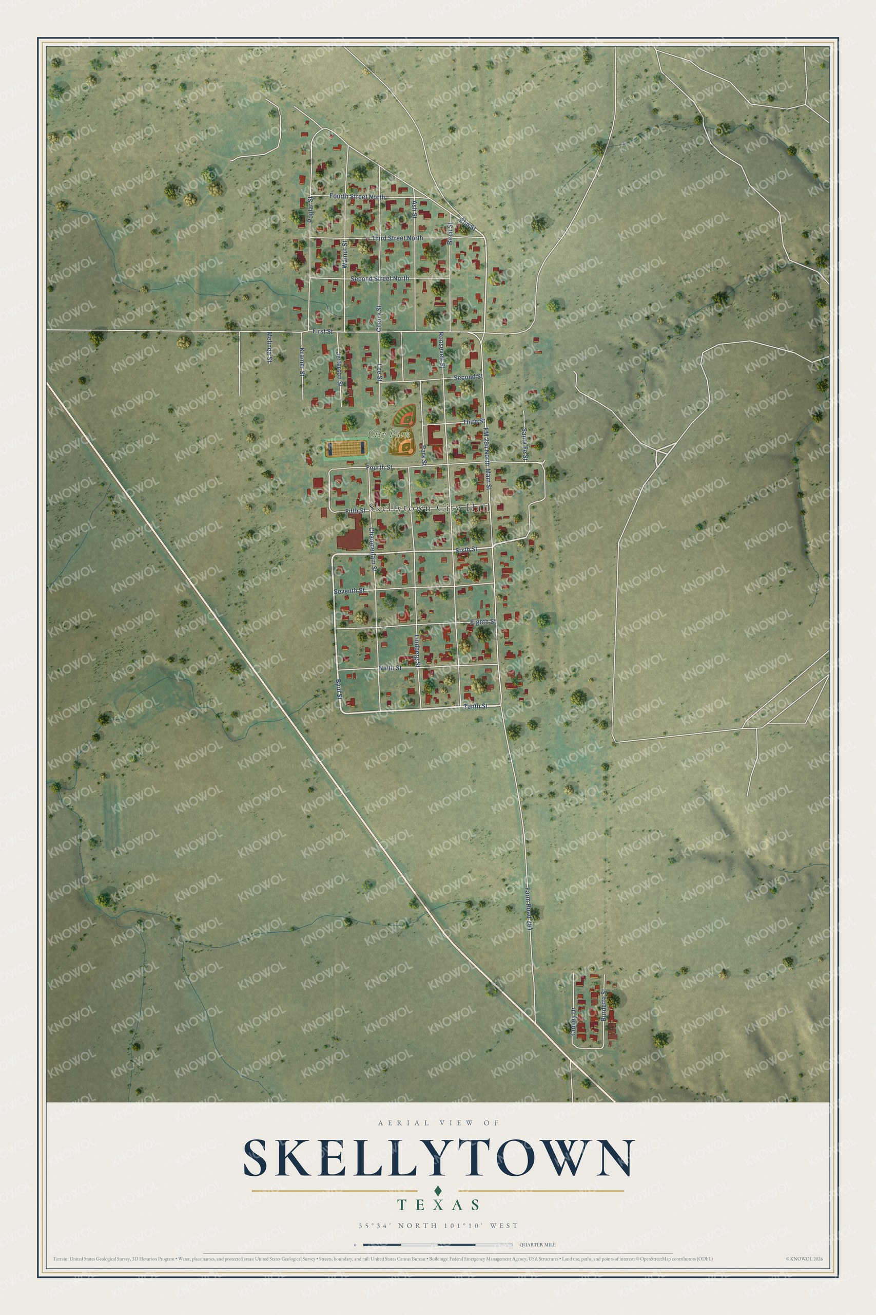 Full map of Skellytown, Texas, with red buildings, printed street names and the land around them