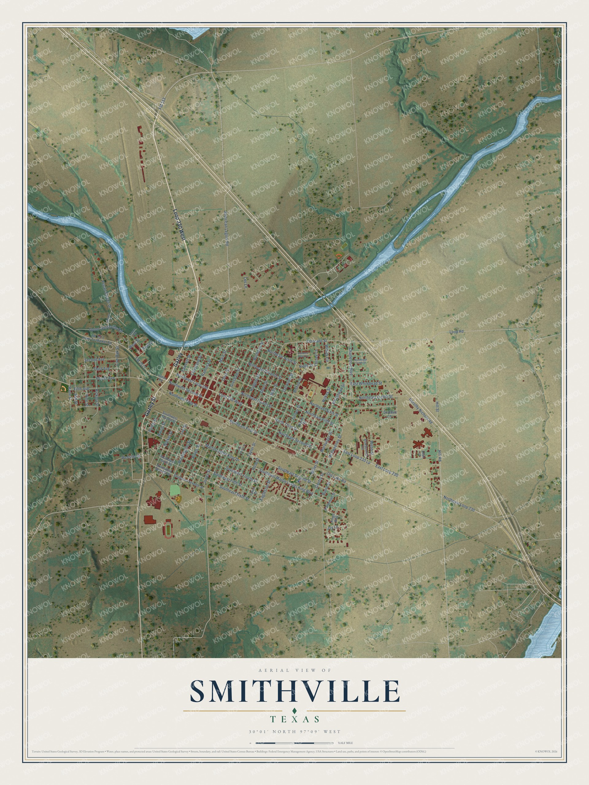 Full map of Smithville, Texas, with red buildings, printed street names and the land around them