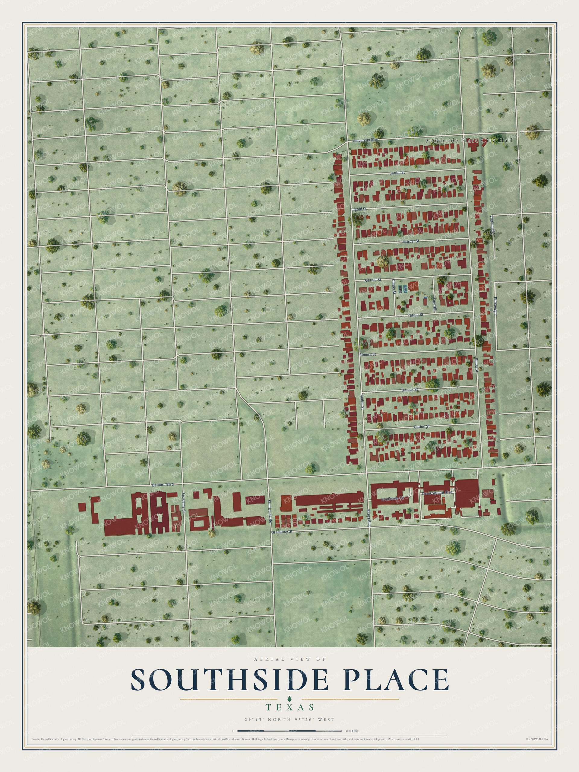 Full map of Southside Place, Texas, with red buildings, printed street names and the land around them