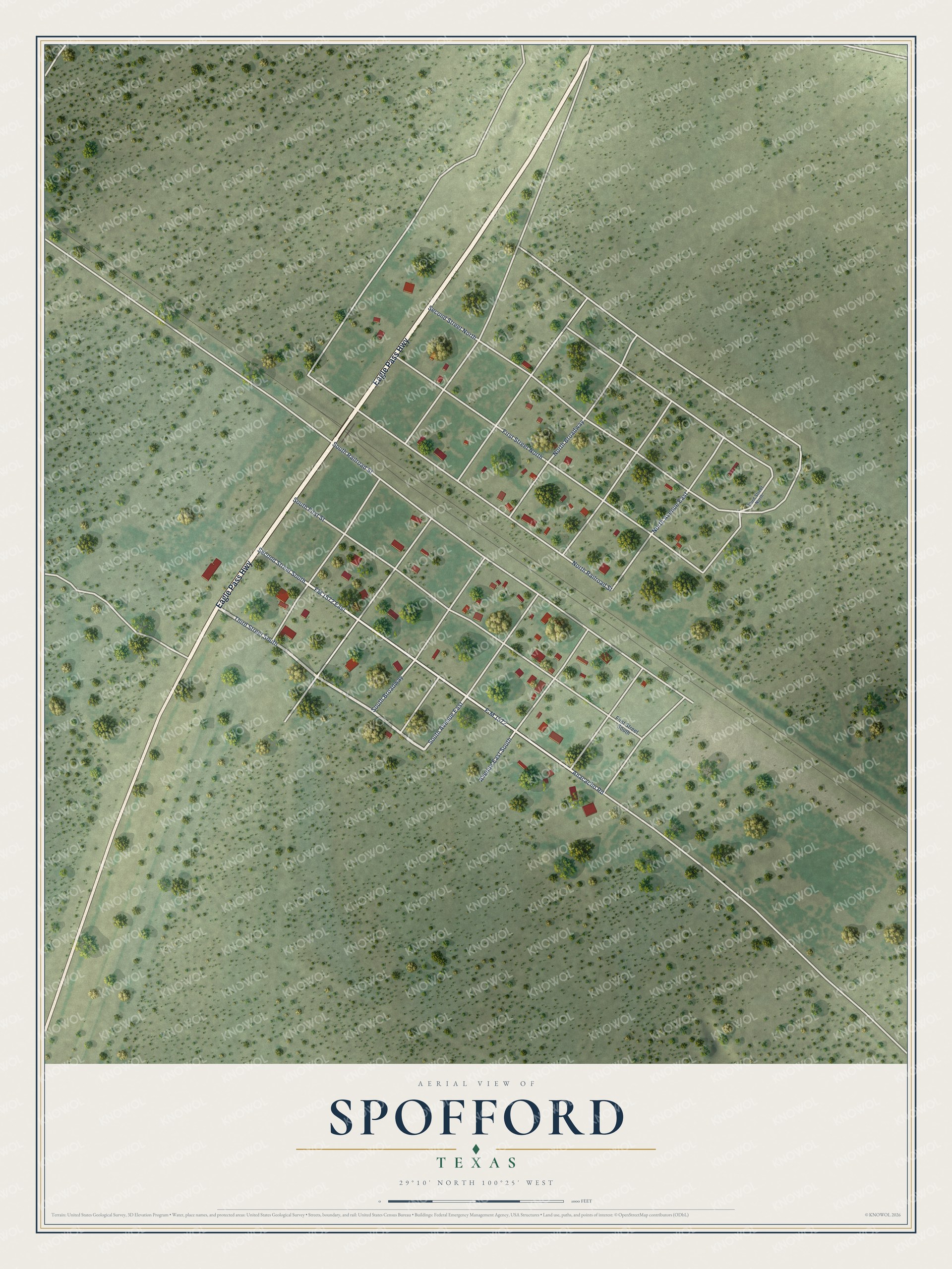 Full map of Spofford, Texas, with red buildings, printed street names and the land around them