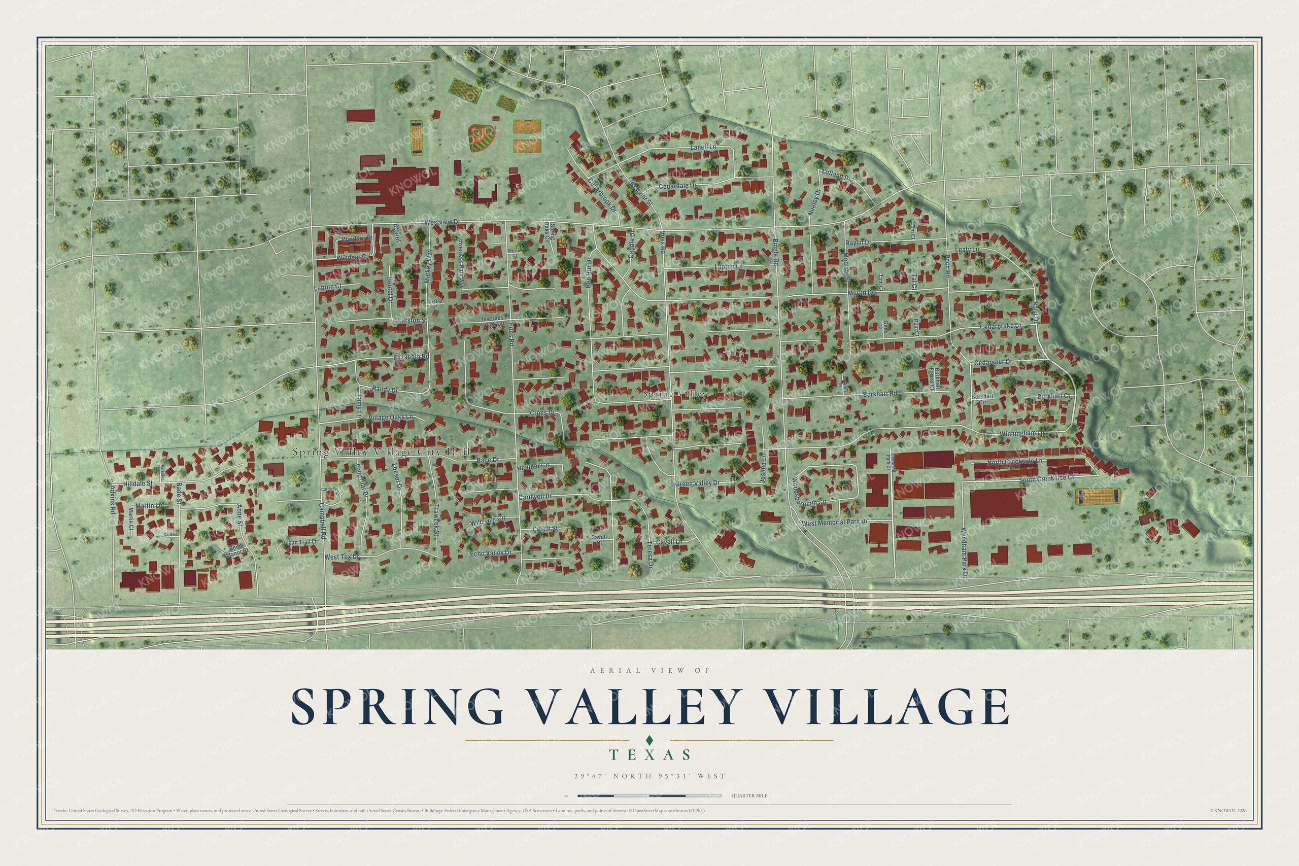Full map of Spring Valley Village, Texas, with red buildings, printed street names and the land around them