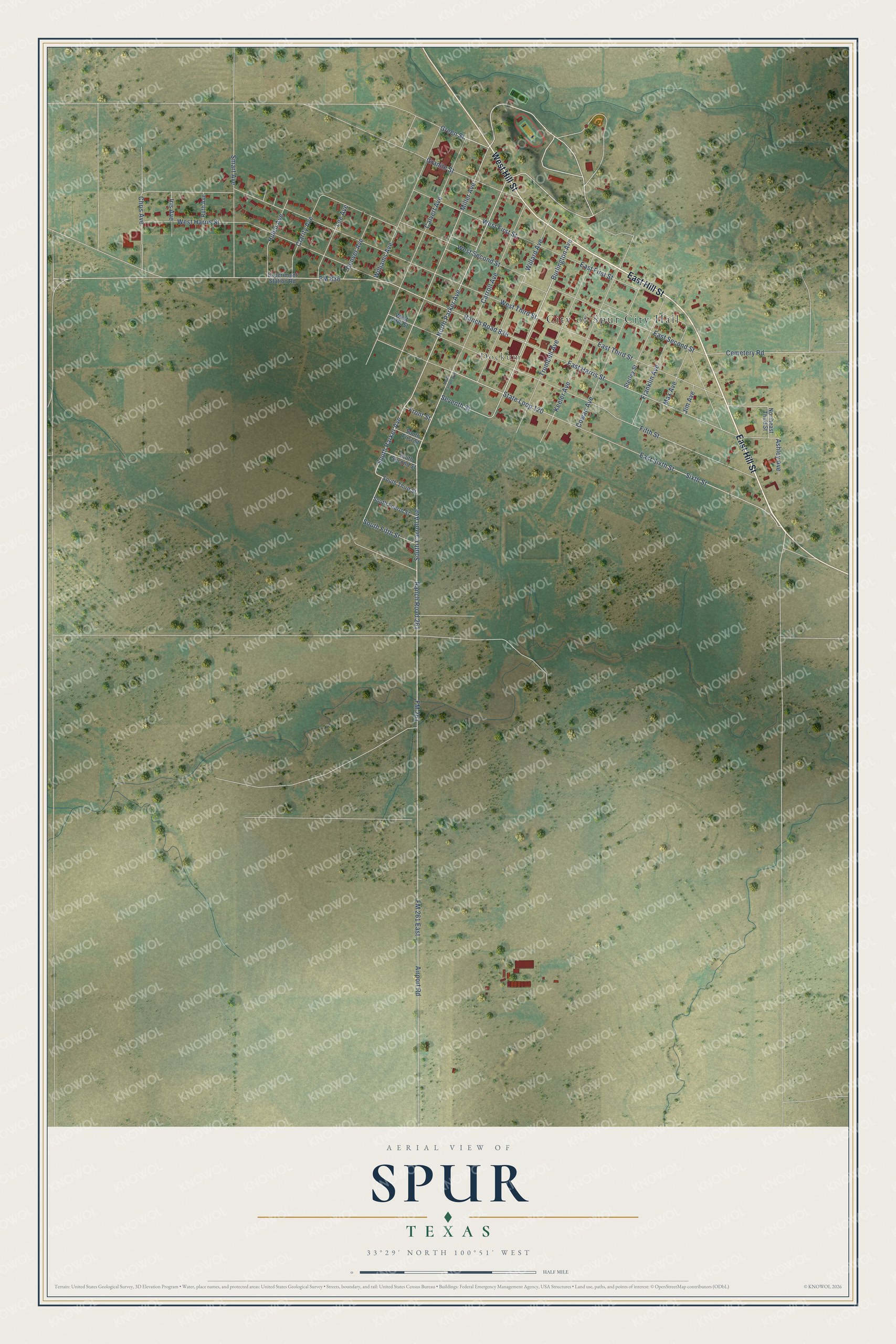 Full map of Spur, Texas, with red buildings, printed street names and the land around them
