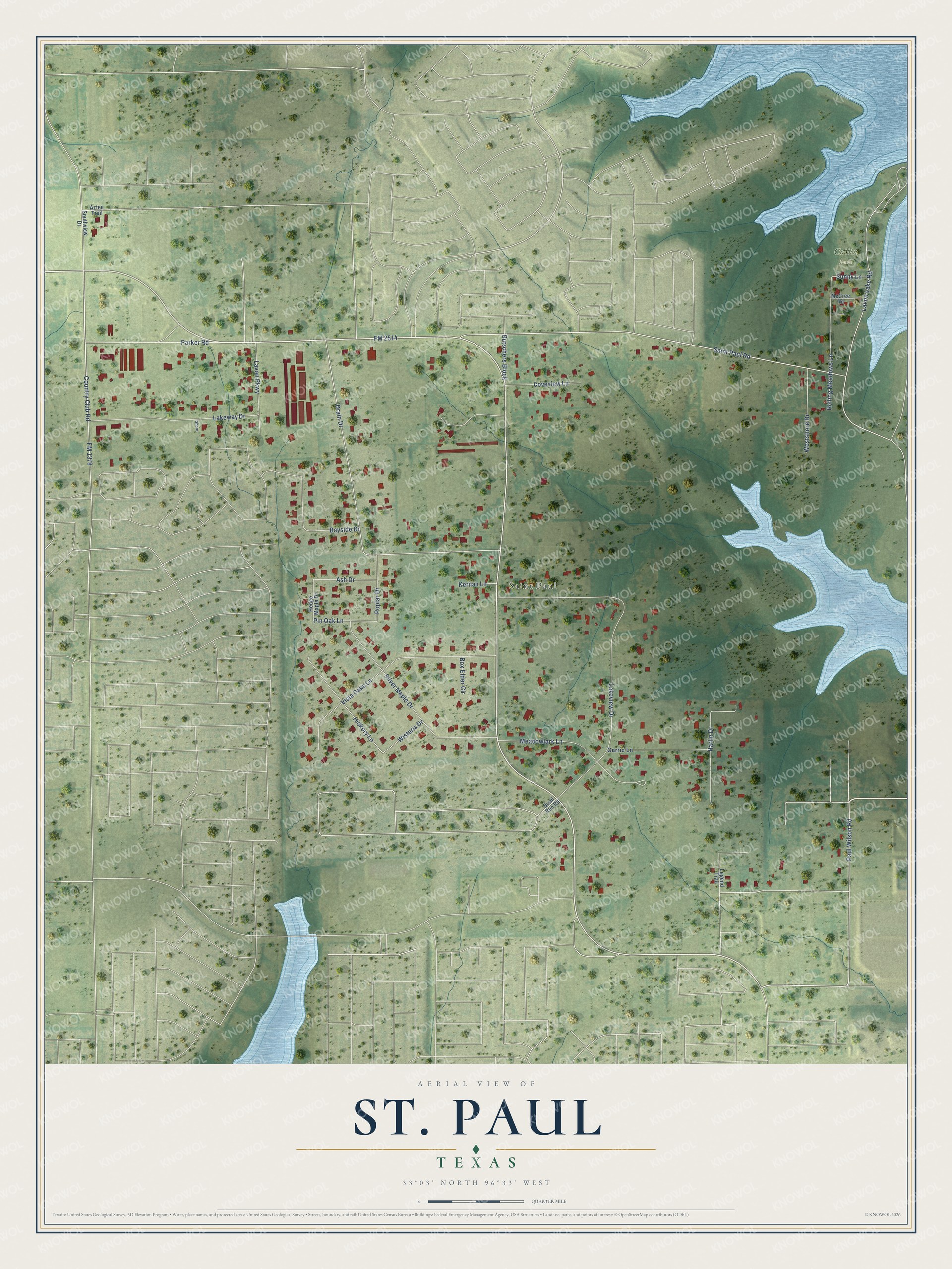 Full map of St. Paul, Texas, with red buildings, printed street names and the land around them