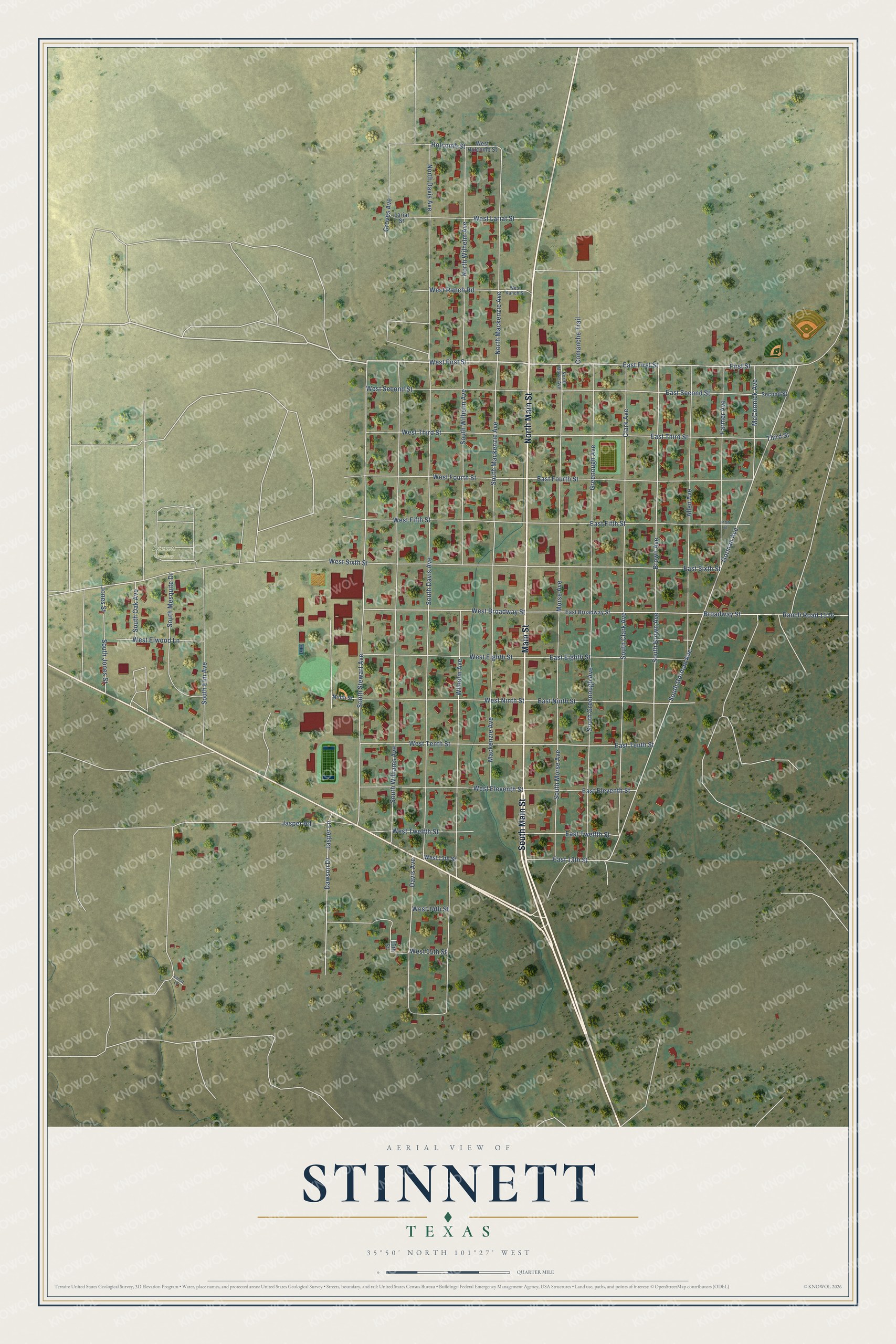 Full map of Stinnett, Texas, with red buildings, printed street names and the land around them