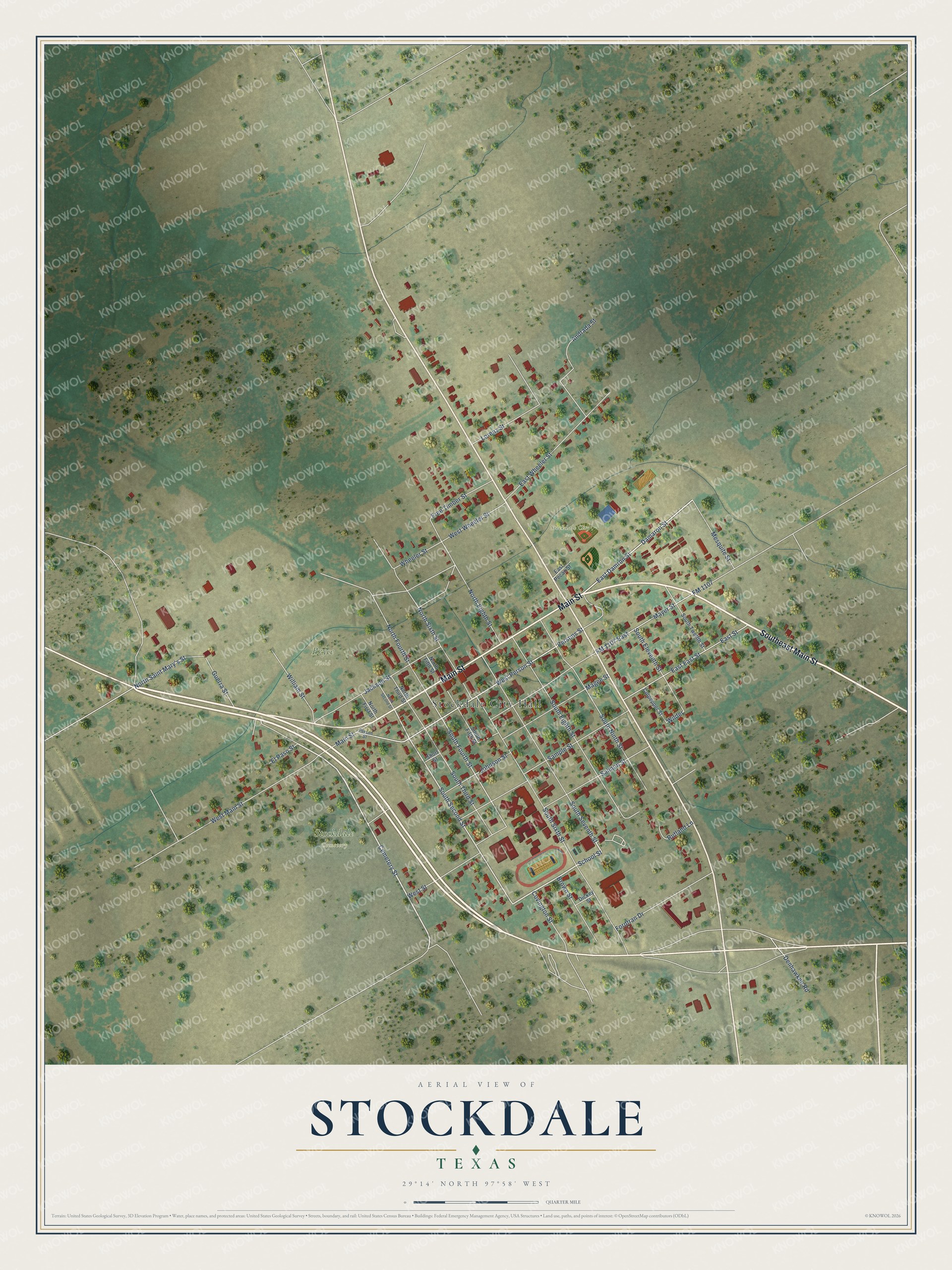 Full map of Stockdale, Texas, with red buildings, printed street names and the land around them