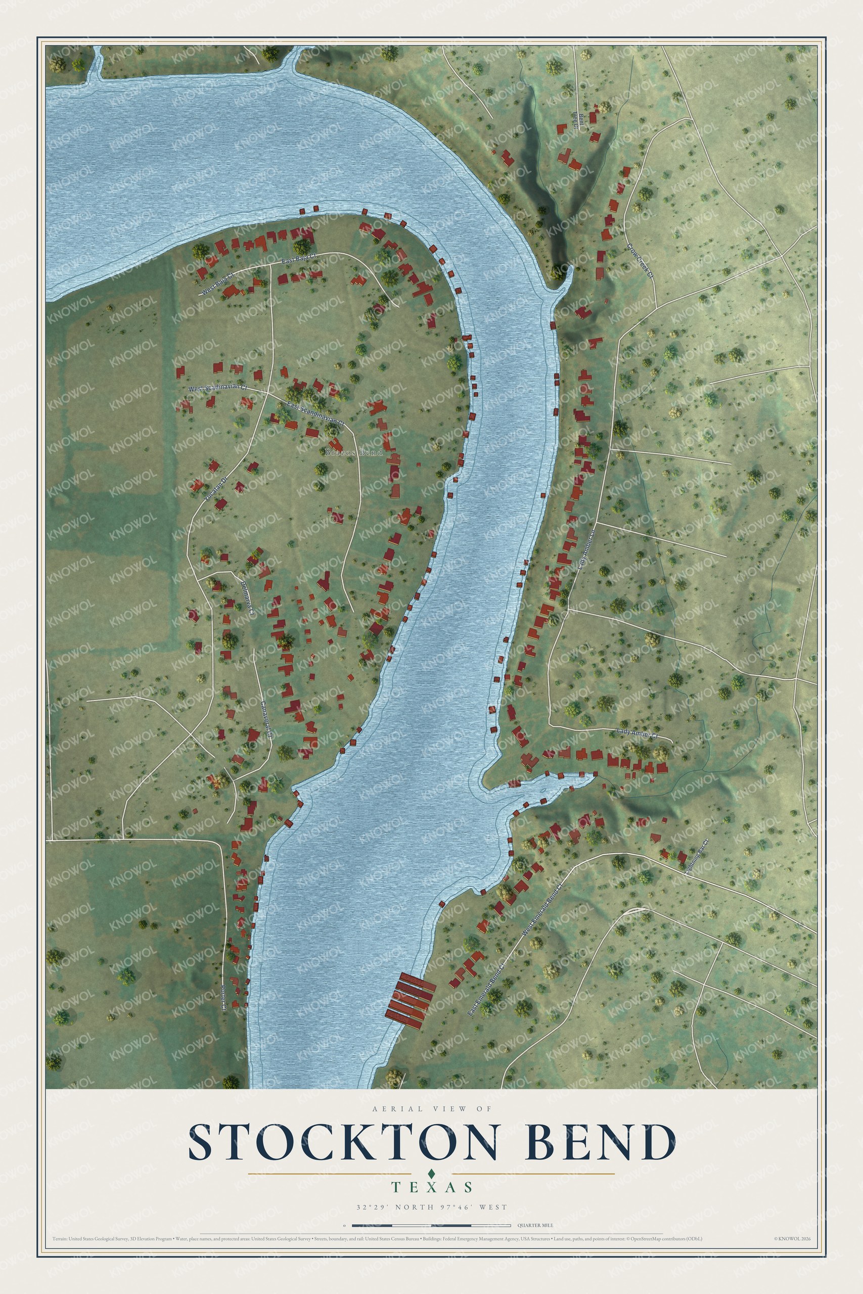 Full map of Stockton Bend, Texas, with red buildings, printed street names and the land around them