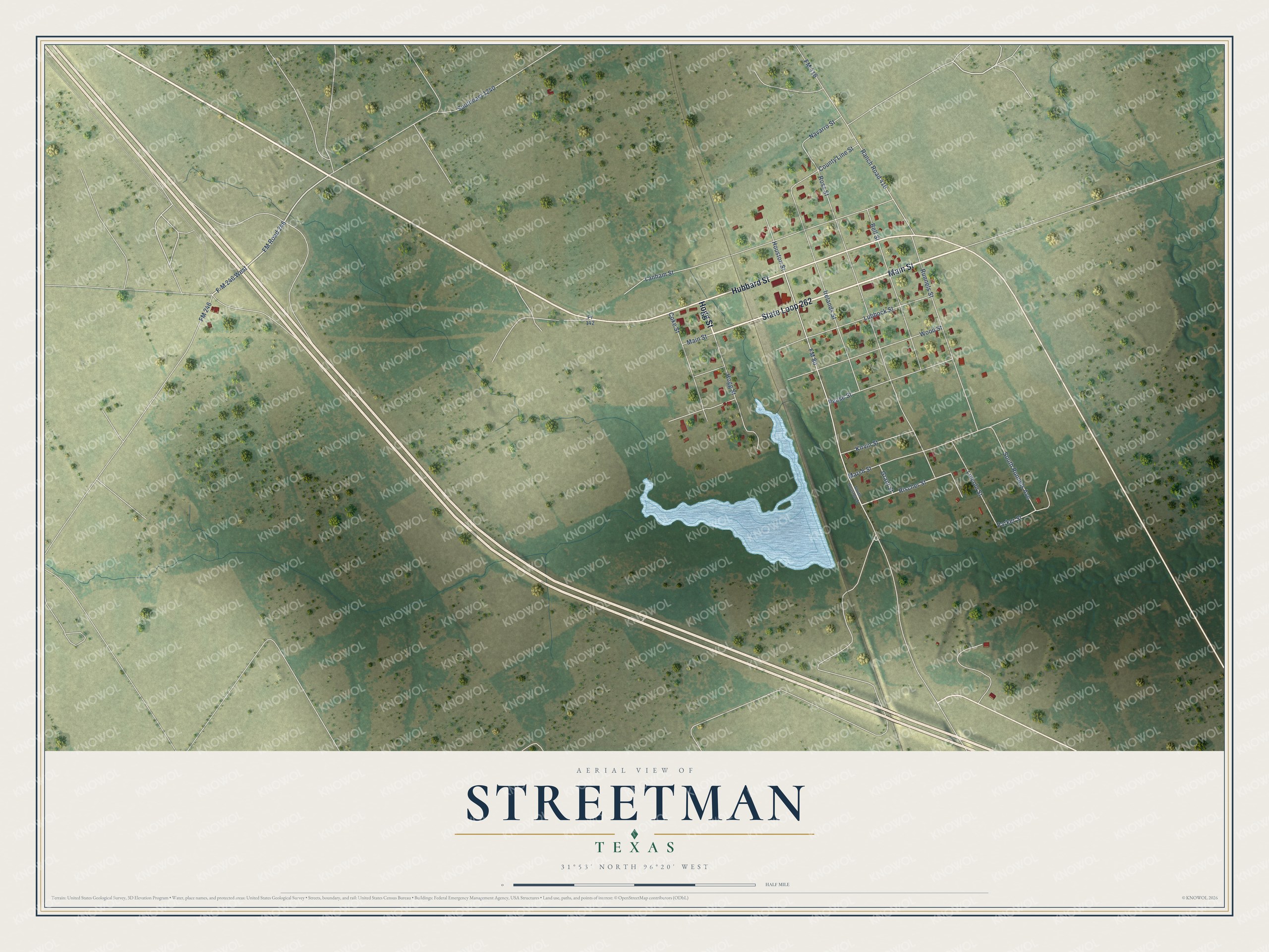 Full map of Streetman, Texas, with red buildings, printed street names and the land around them