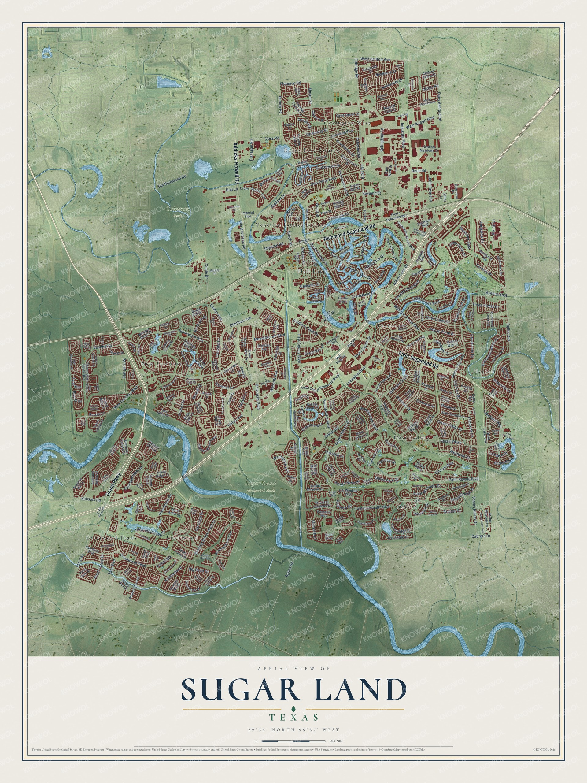 Full map of Sugar Land, Texas, with red buildings, printed street names and the land around them