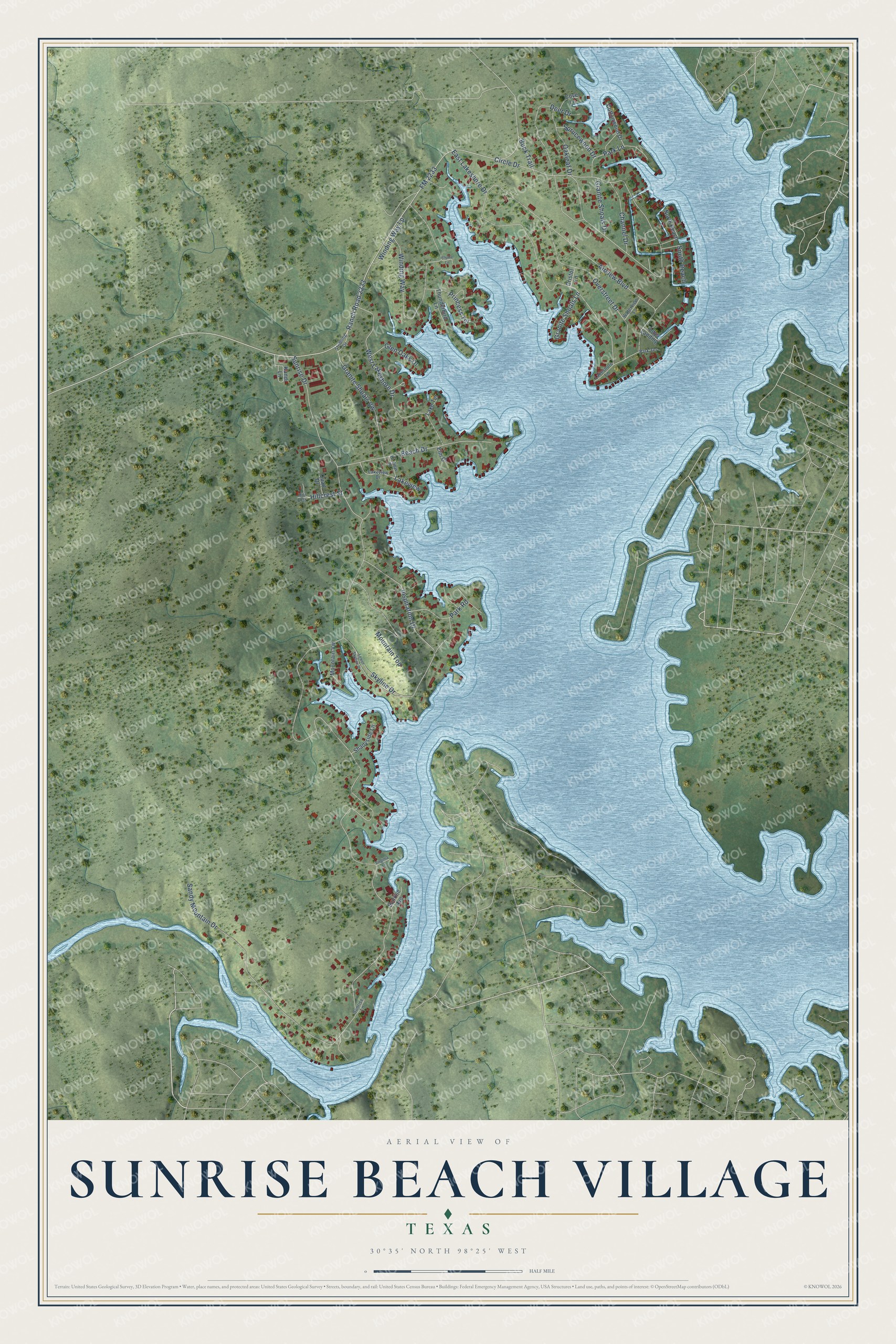 Full map of Sunrise Beach Village, Texas, with red buildings, printed street names and the land around them