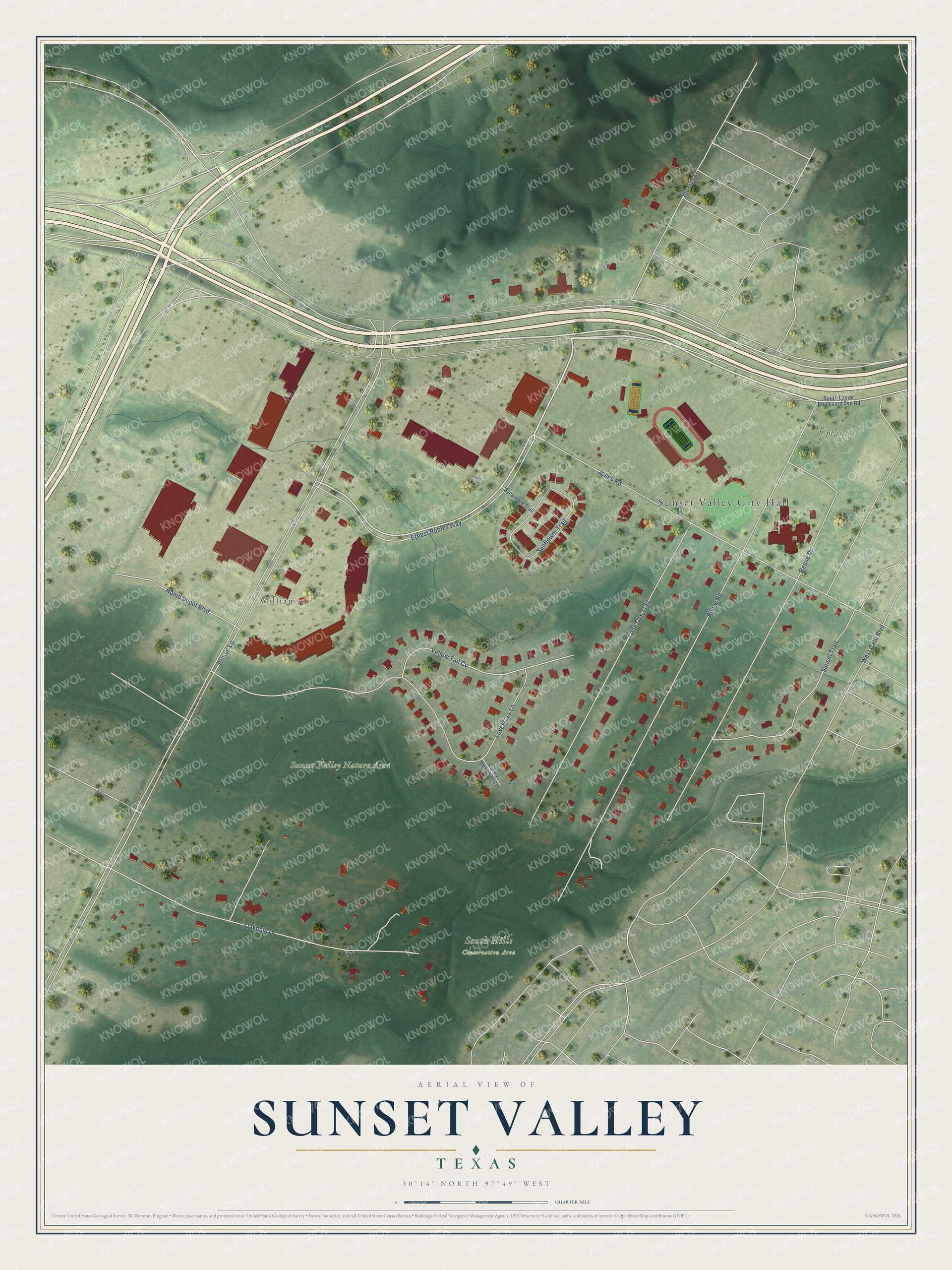 Full map of Sunset Valley, Texas, with red buildings, printed street names and the land around them
