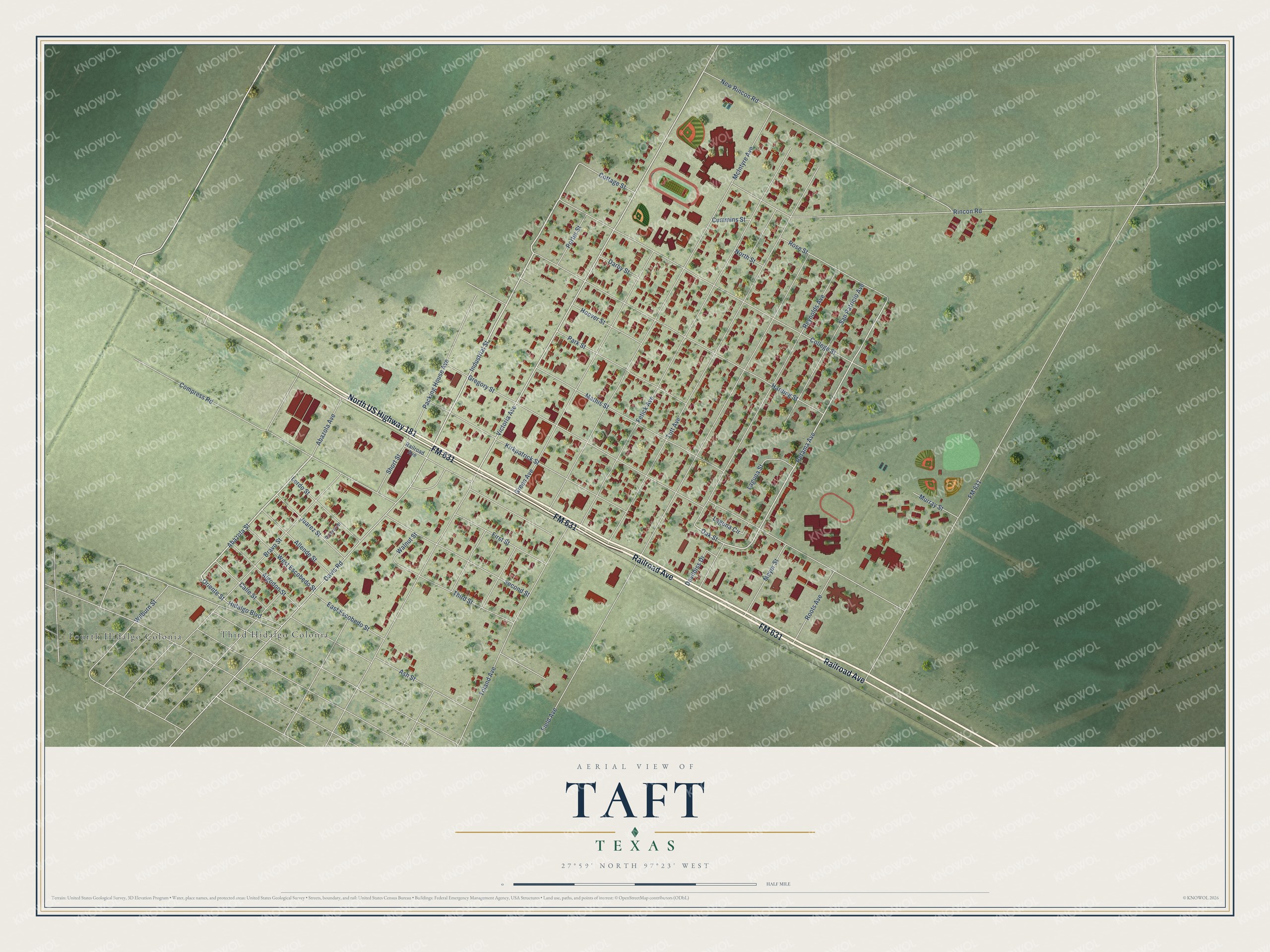 Full map of Taft, Texas, with red buildings, printed street names and the land around them