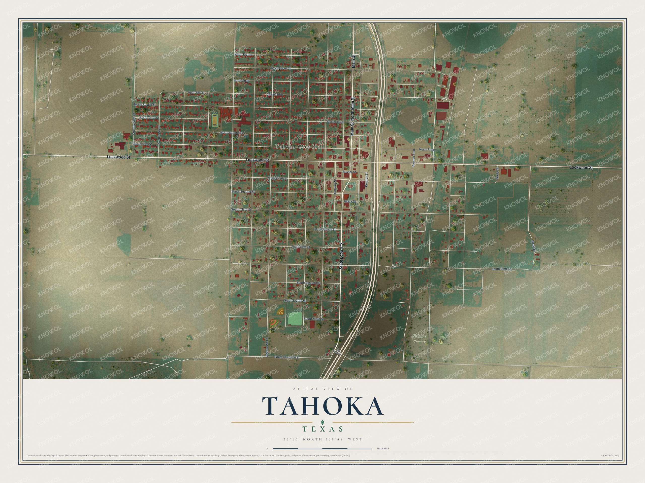 Full map of Tahoka, Texas, with red buildings, printed street names and the land around them