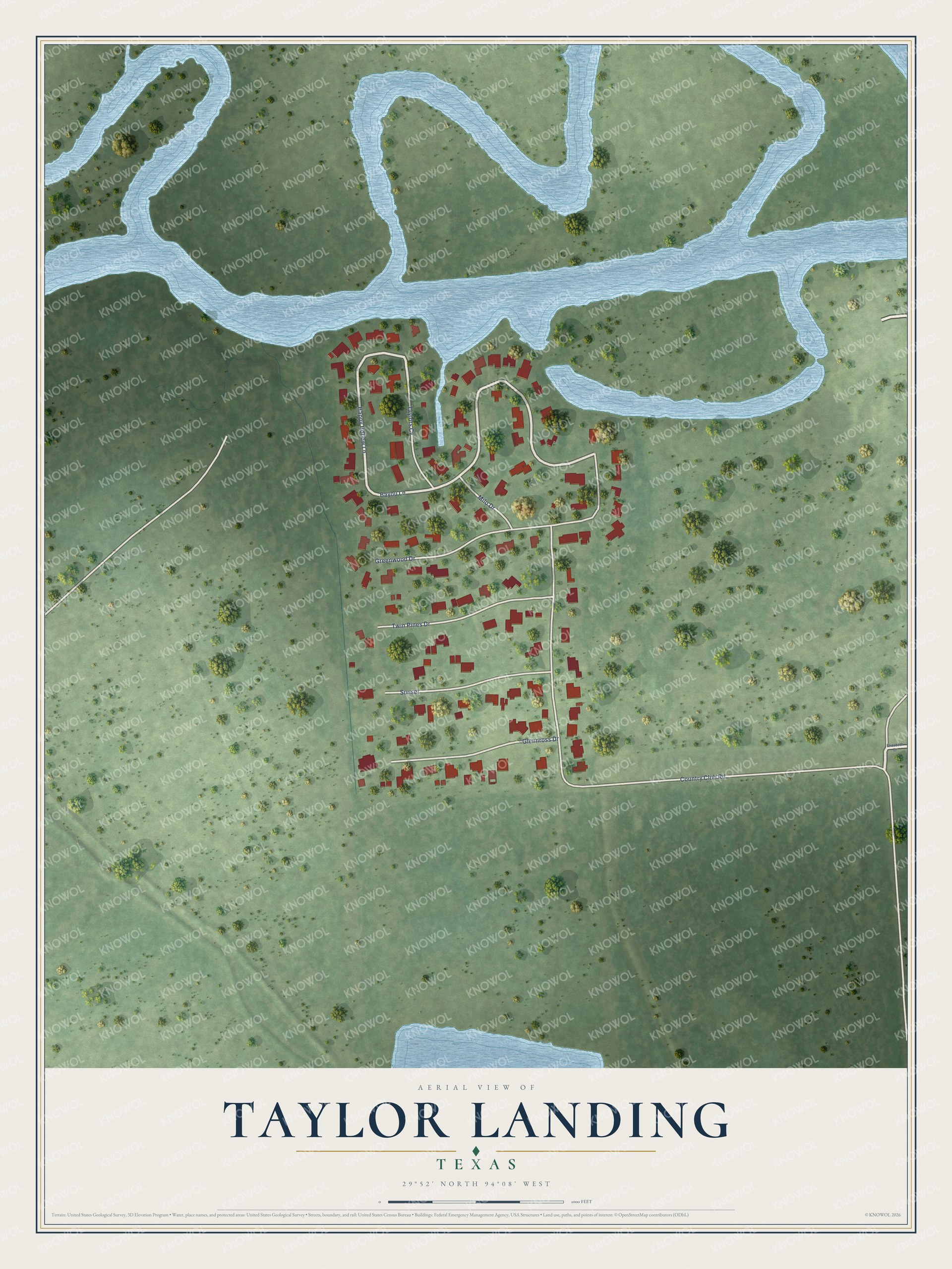 Full map of Taylor Landing, Texas, with red buildings, printed street names and the land around them
