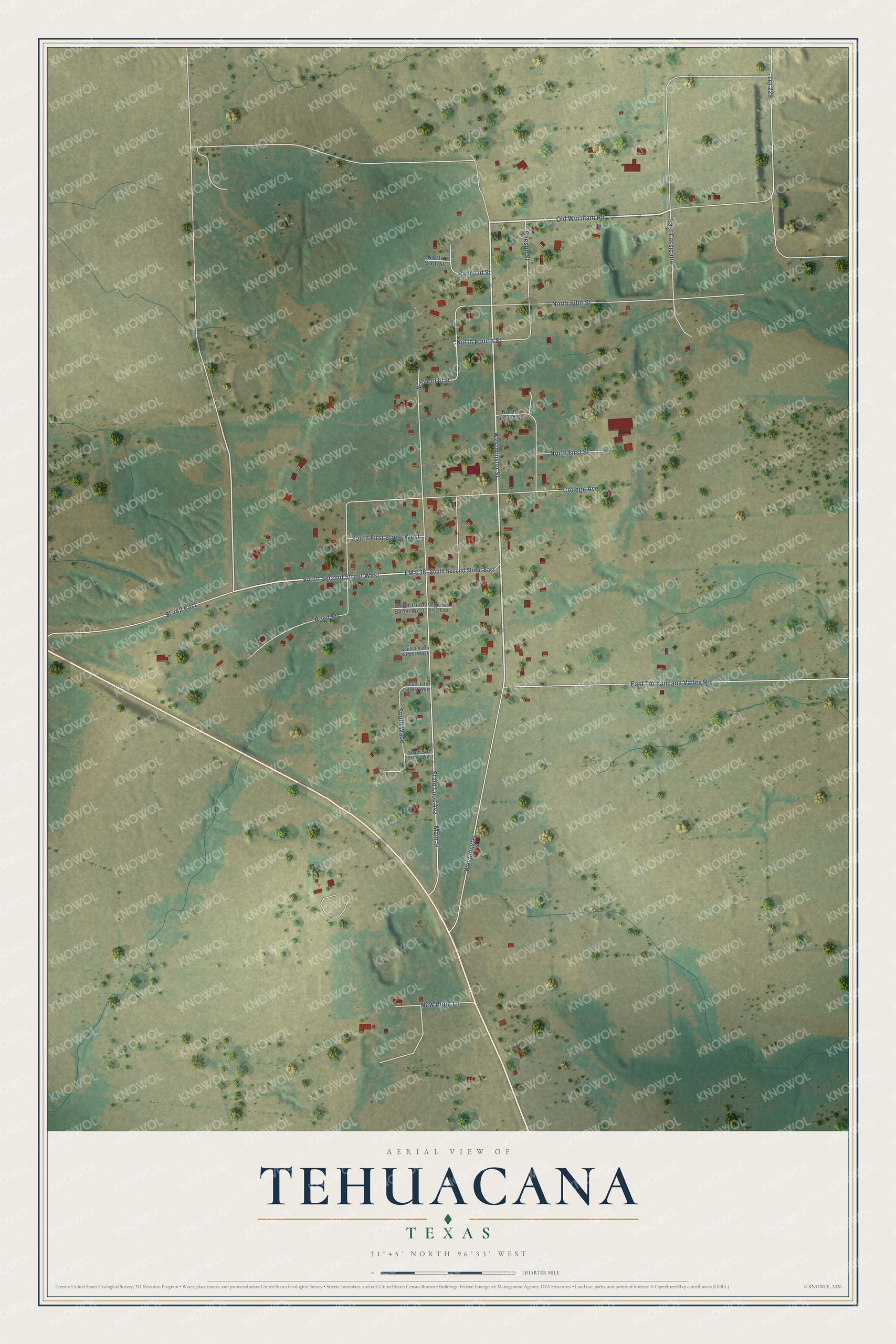 Full map of Tehuacana, Texas, with red buildings, printed street names and the land around them