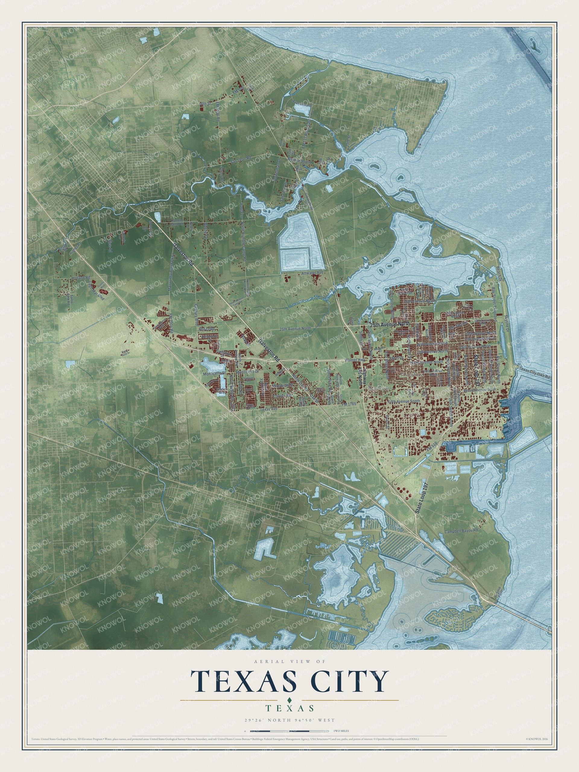 Full map of Texas City, Texas, with red buildings, printed street names and the land around them