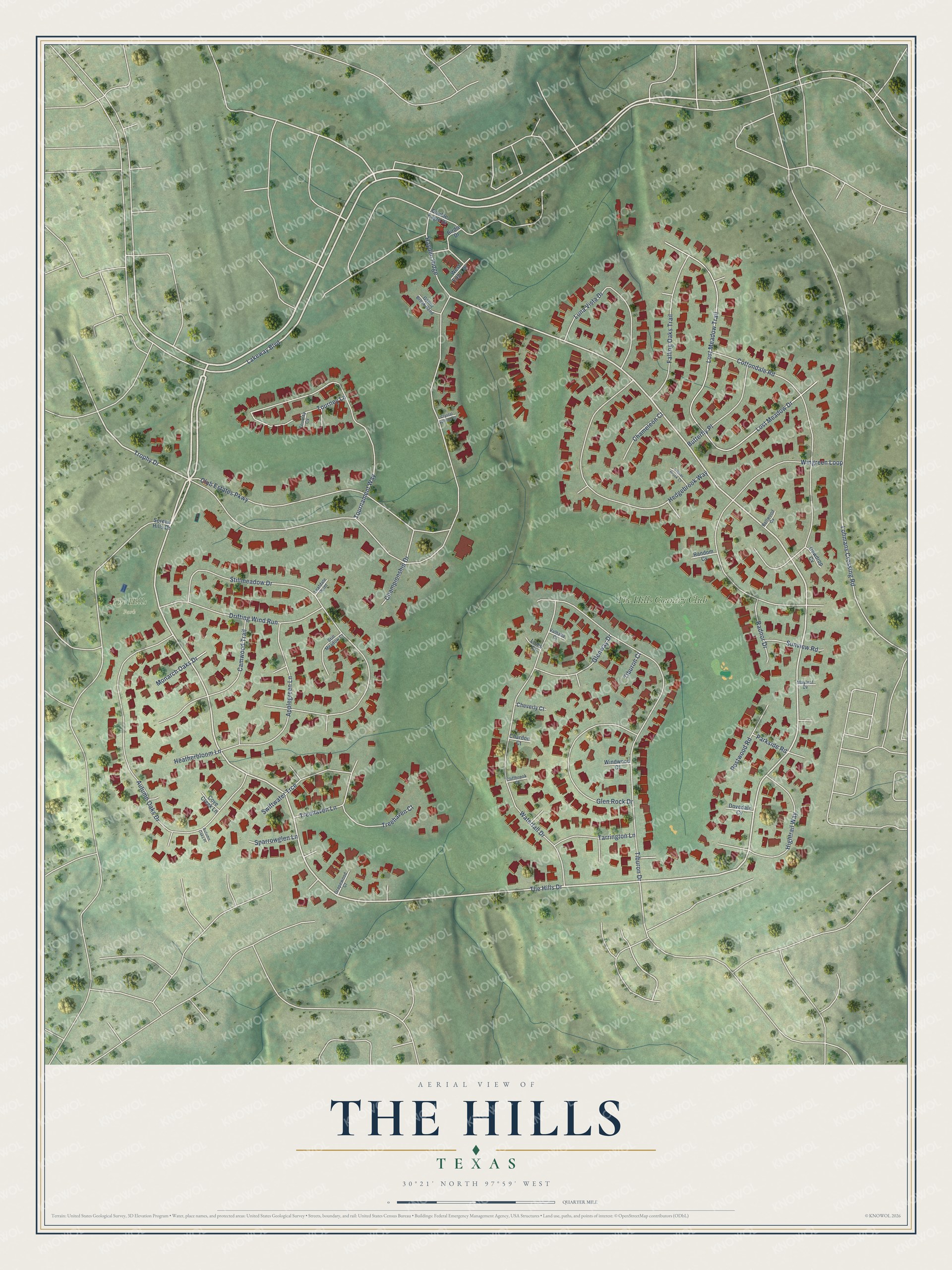 Full map of The Hills, Texas, with red buildings, printed street names and the land around them