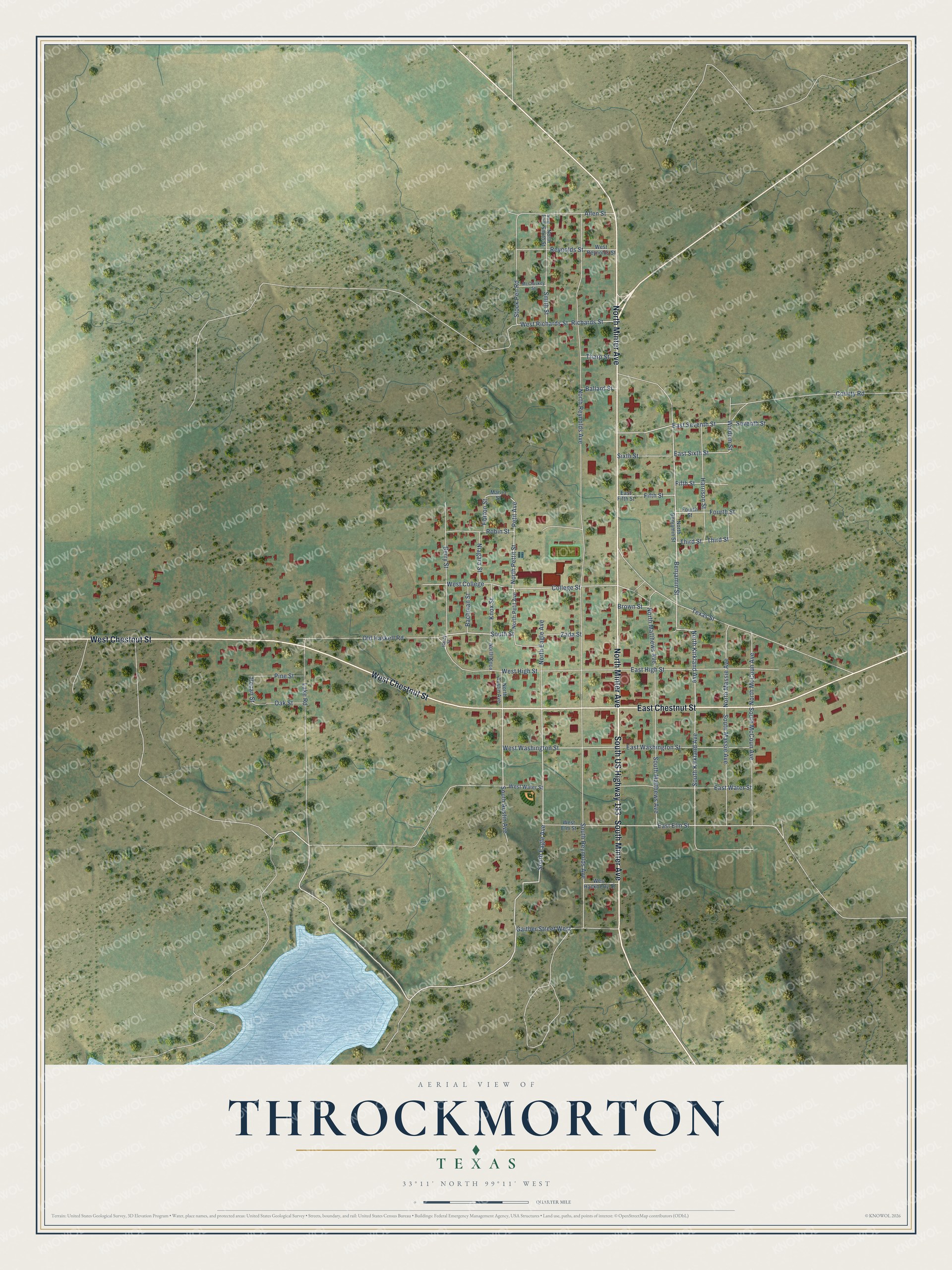Full map of Throckmorton, Texas, with red buildings, printed street names and the land around them