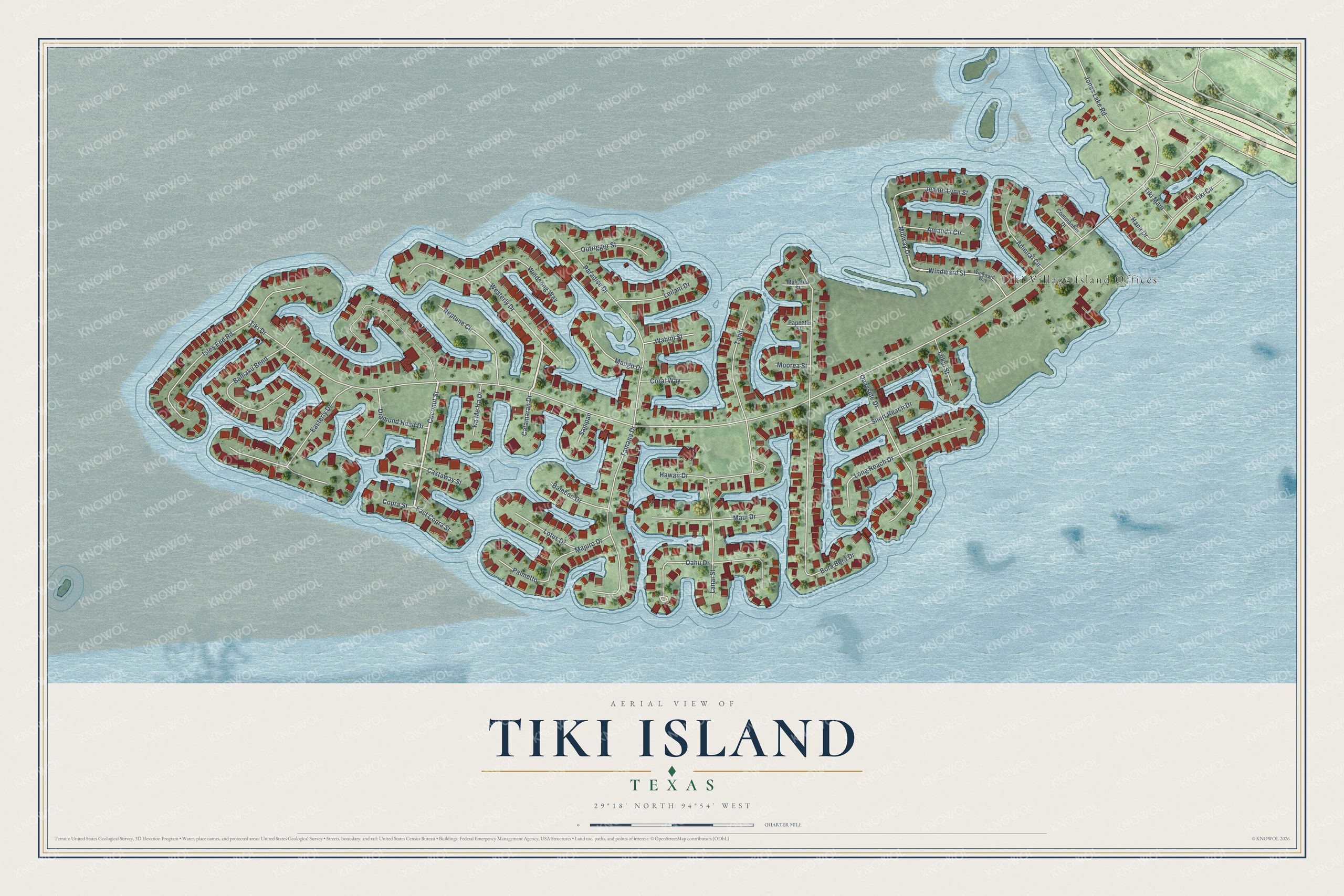Full map of Tiki Island, Texas, with red buildings, printed street names and the land around them