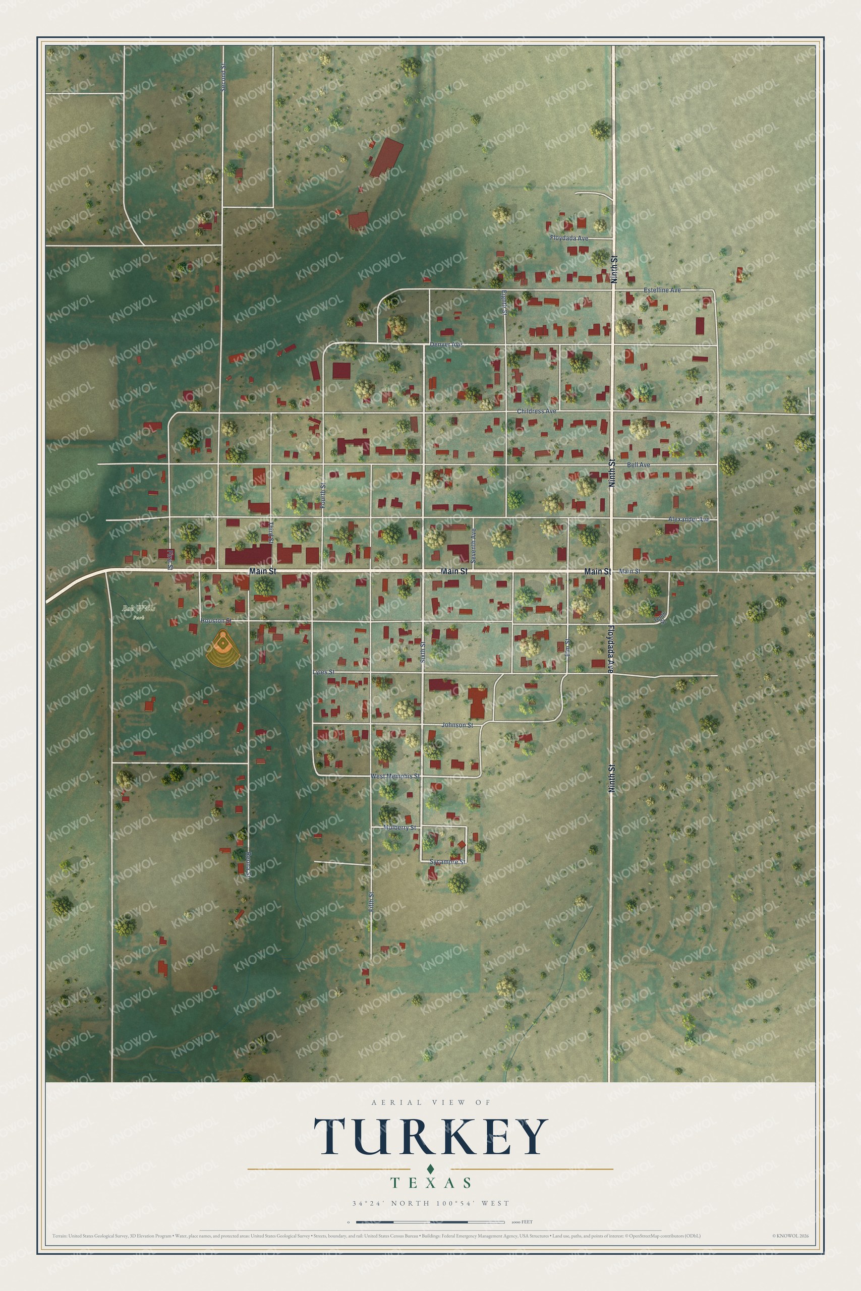 Full map of Turkey, Texas, with red buildings, printed street names and the land around them