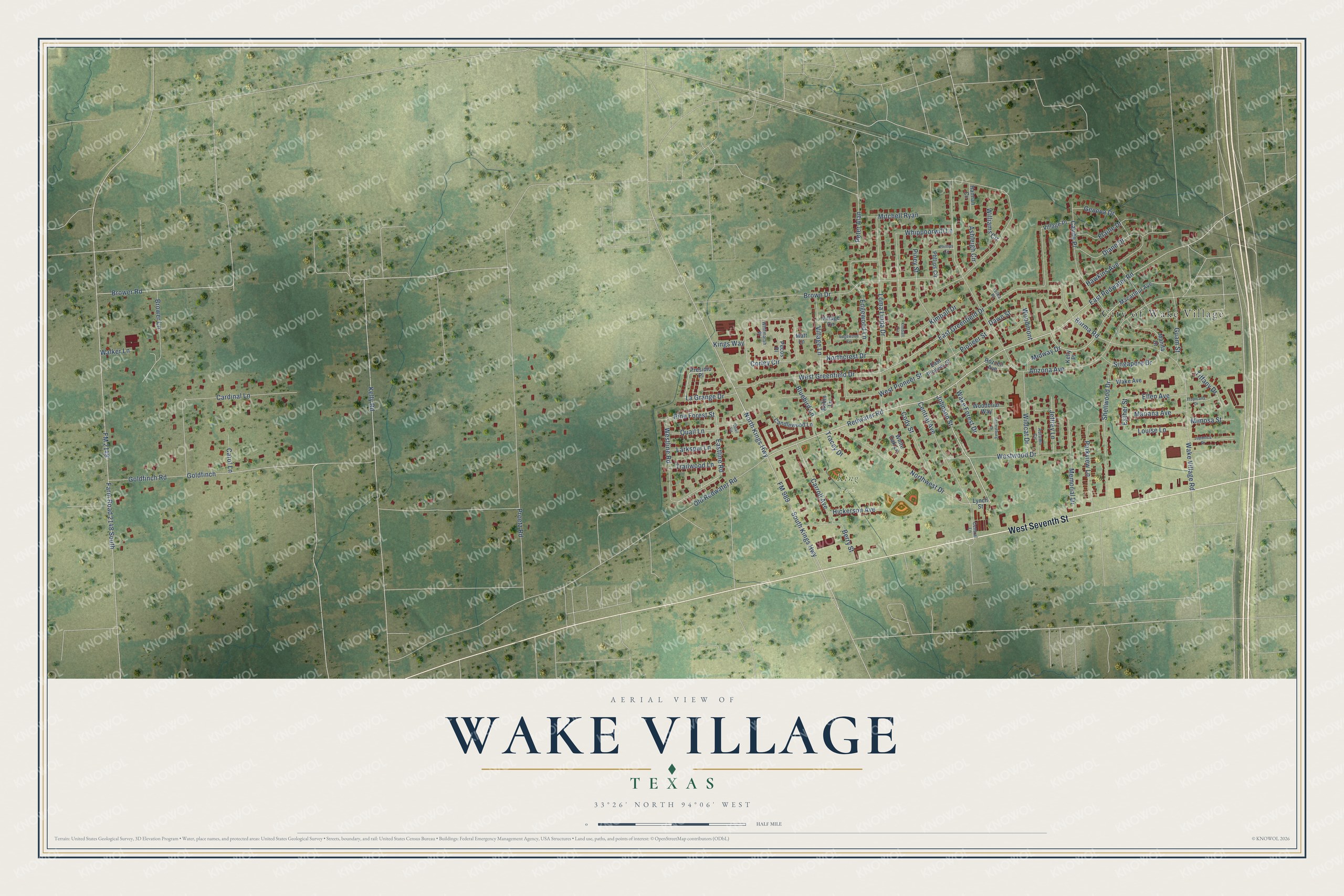 Full map of Wake Village, Texas, with red buildings, printed street names and the land around them