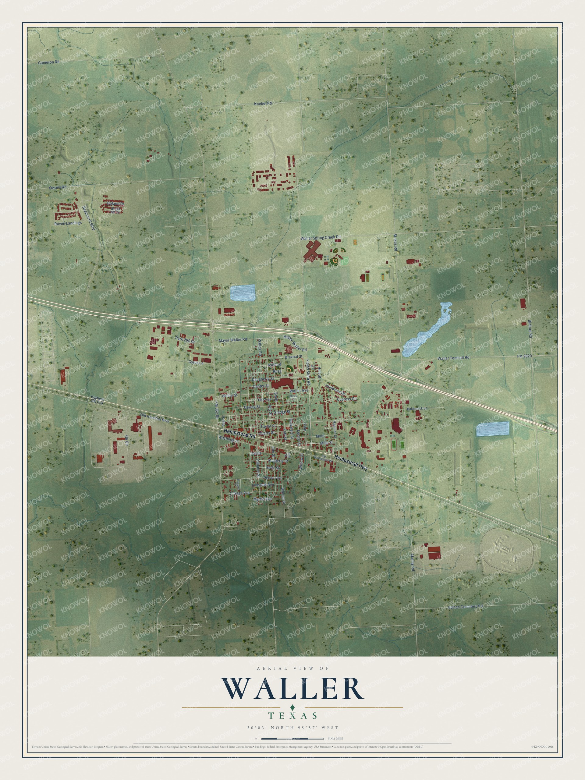Full map of Waller, Texas, with red buildings, printed street names and the land around them
