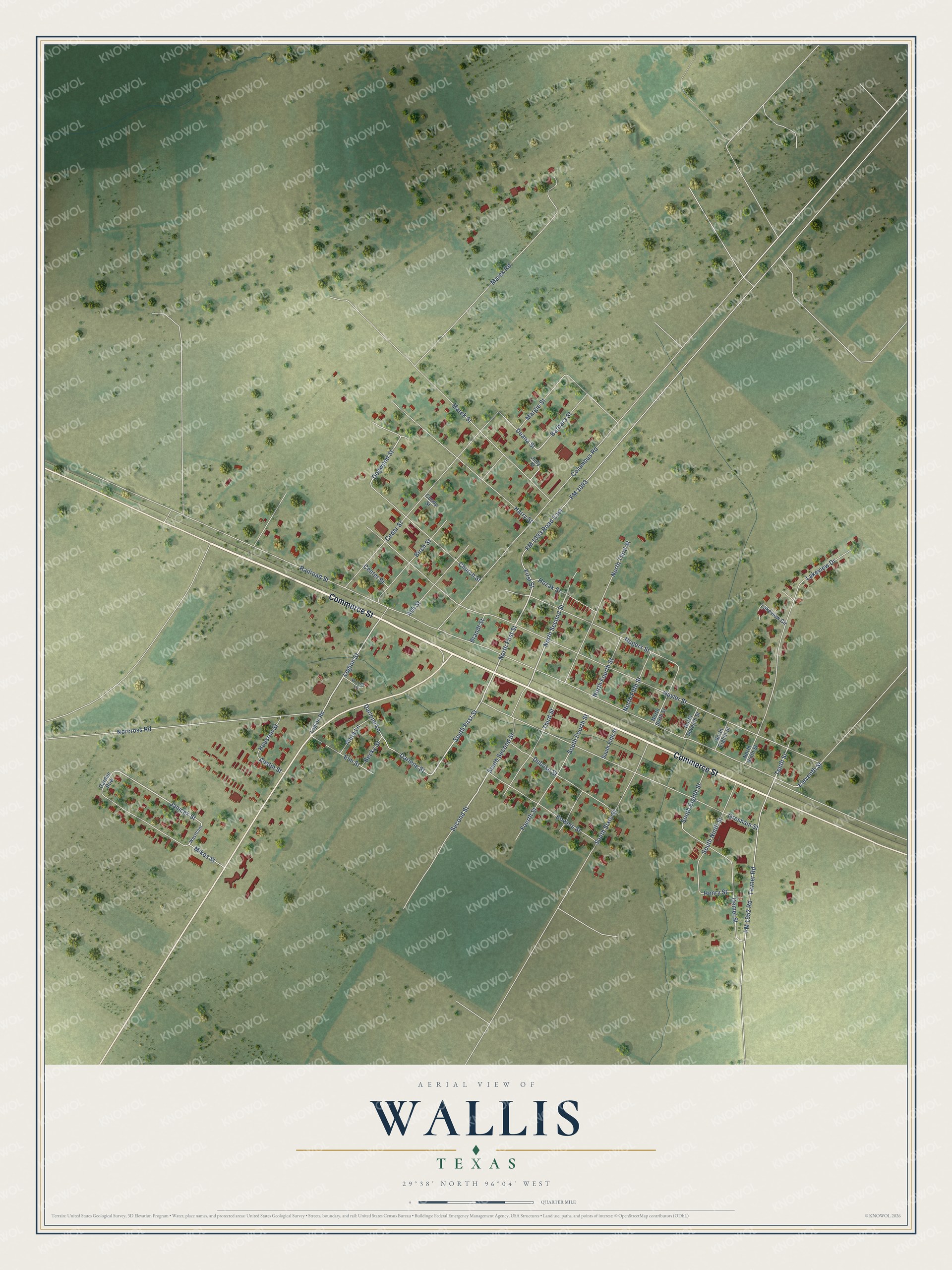 Full map of Wallis, Texas, with red buildings, printed street names and the land around them
