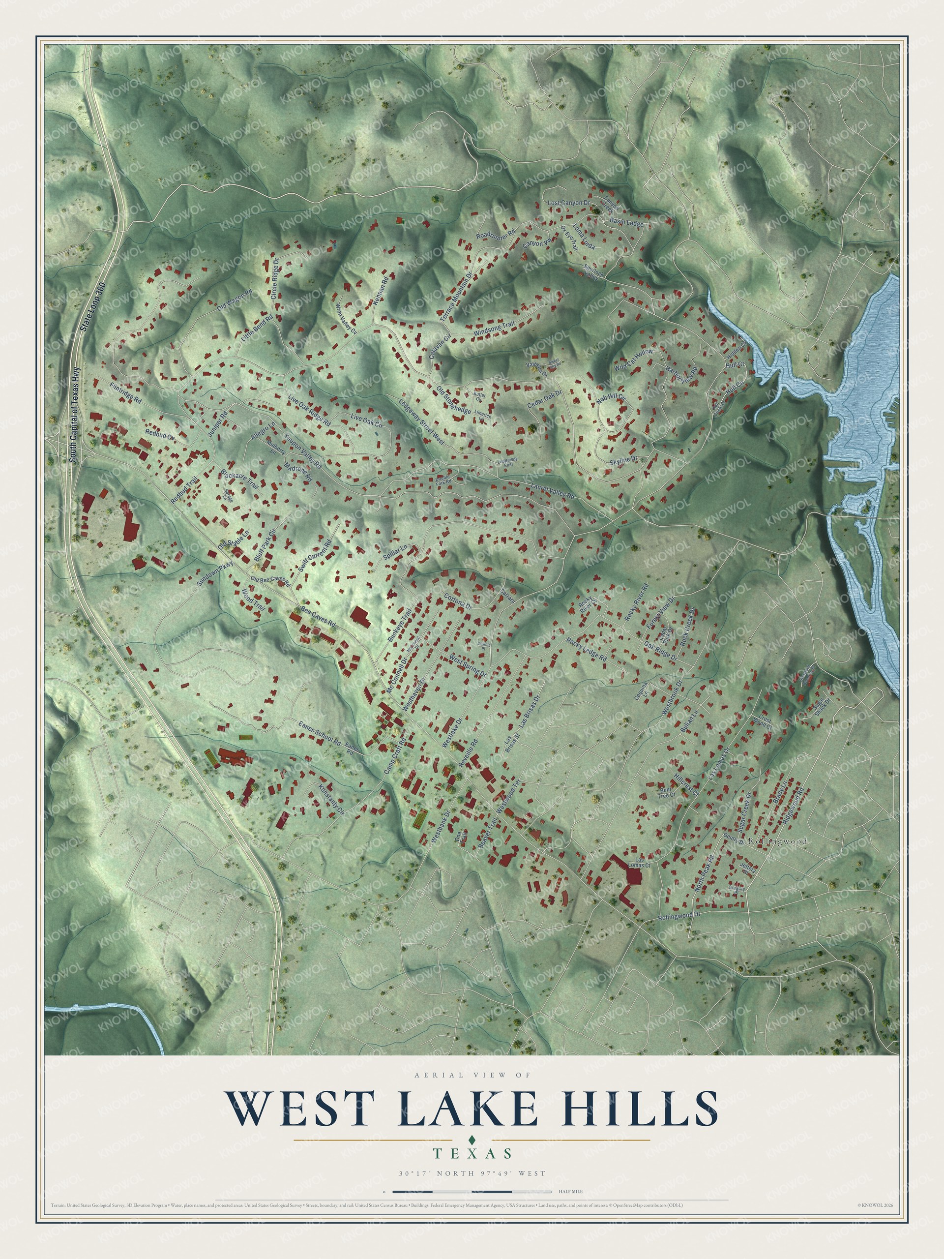 Full map of West Lake Hills, Texas, with red buildings, printed street names and the land around them