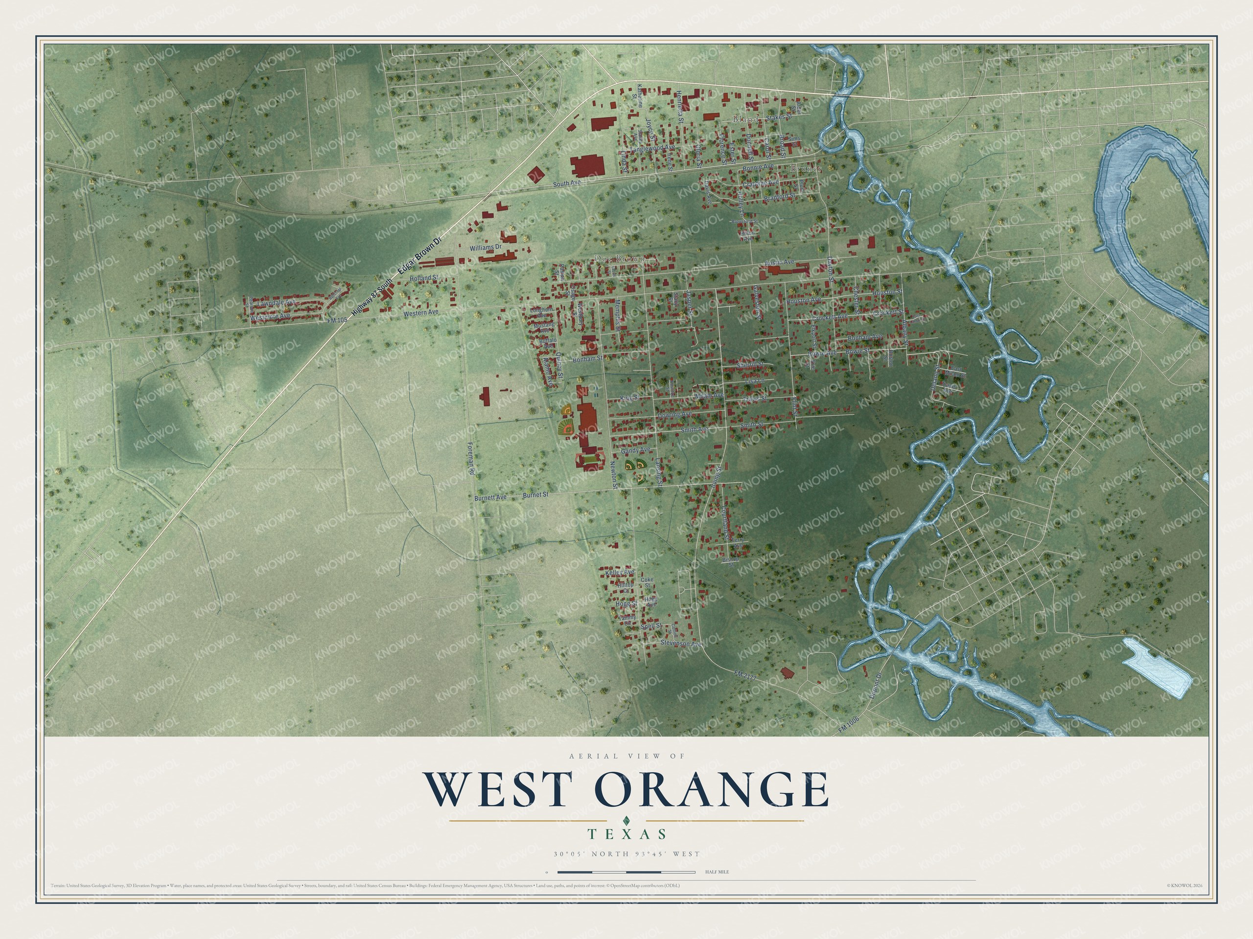 Watermarked full-map preview of West Orange, Texas