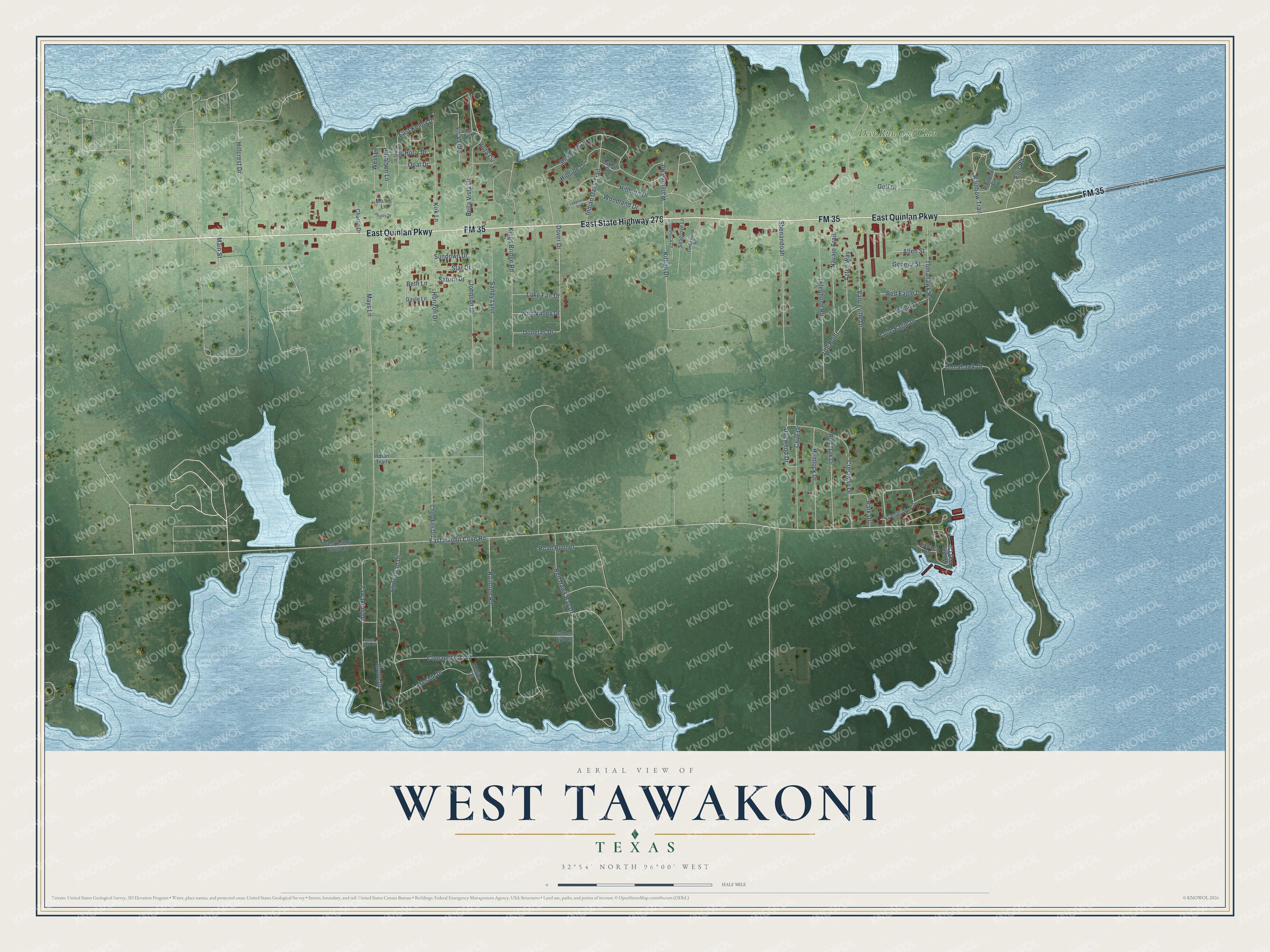 Full map of West Tawakoni, Texas, with red buildings, printed street names and the land around them