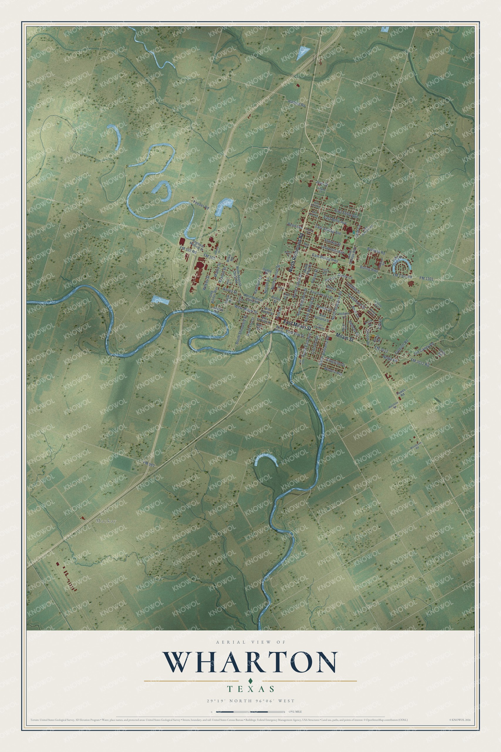 Full map of Wharton, Texas, with red buildings, printed street names and the land around them