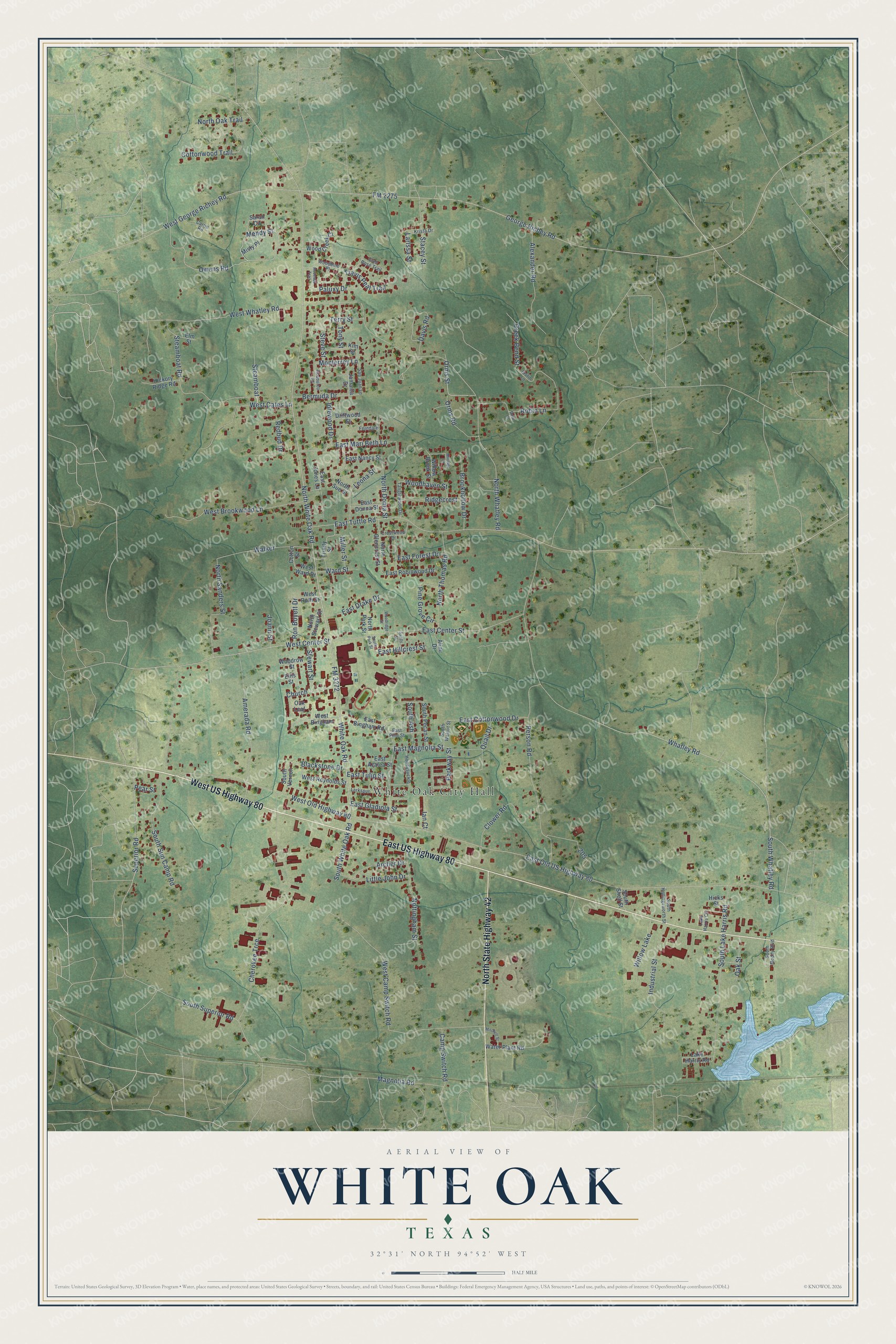 Watermarked full-map preview of White Oak, Texas